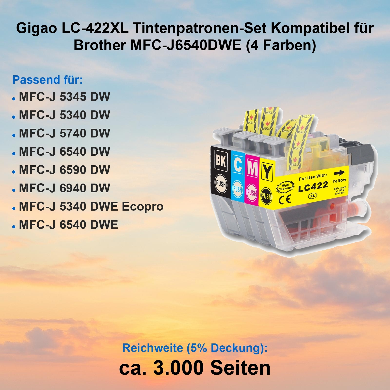 Tintenpatronen-Set mit schwarzen, cyanfarbenen, magentafarbenen und gelben Patronen, mit Textetiketten und blauem Himmel.