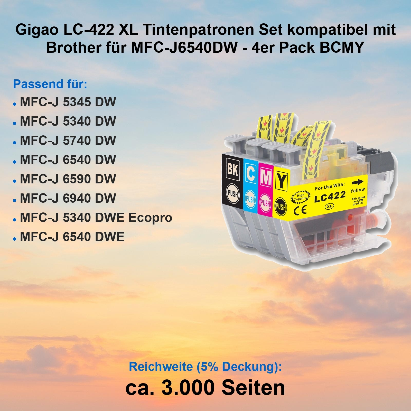 Das Bild zeigt ein Tintenpatronen-Set mit Text. Die Patronen haben die Farben Schwarz, Cyan, Magenta und Gelb.