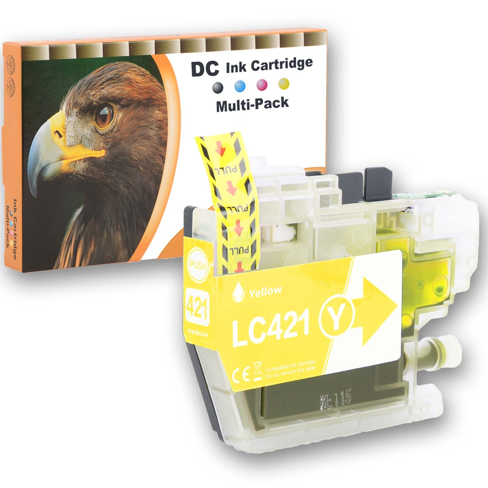 Eine gelbe Tintenpatrone mit der Bezeichnung LC421 befindet sich neben einer Schachtel mit einem Adlerbild. Auf der Schachtel steht DC Ink Cartridge Multi-Pack.