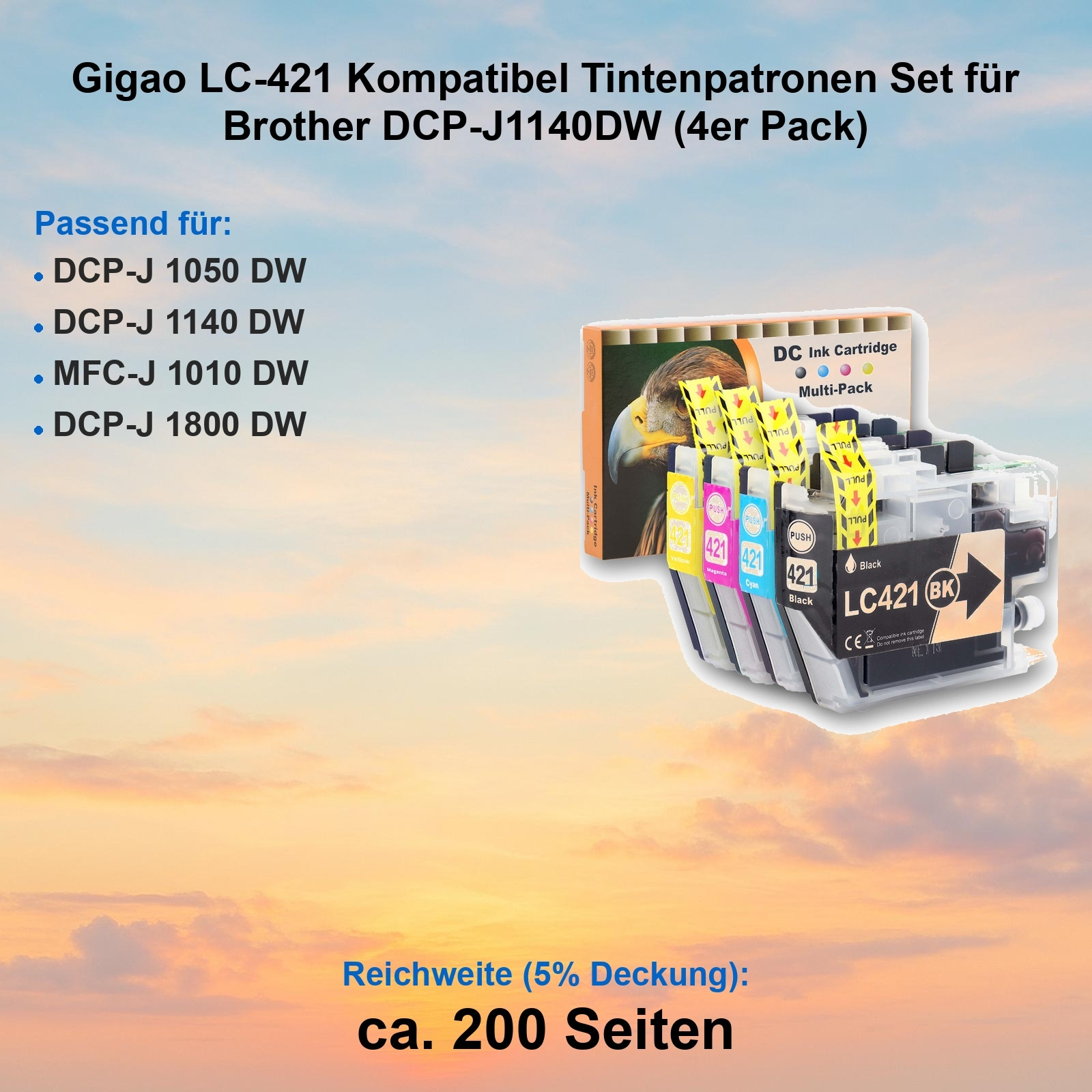 Tintenpatronen, schwarz, cyan, magenta und gelb, in einer Box mit Produktdetails, auf einem Farbverlaufshintergrund.