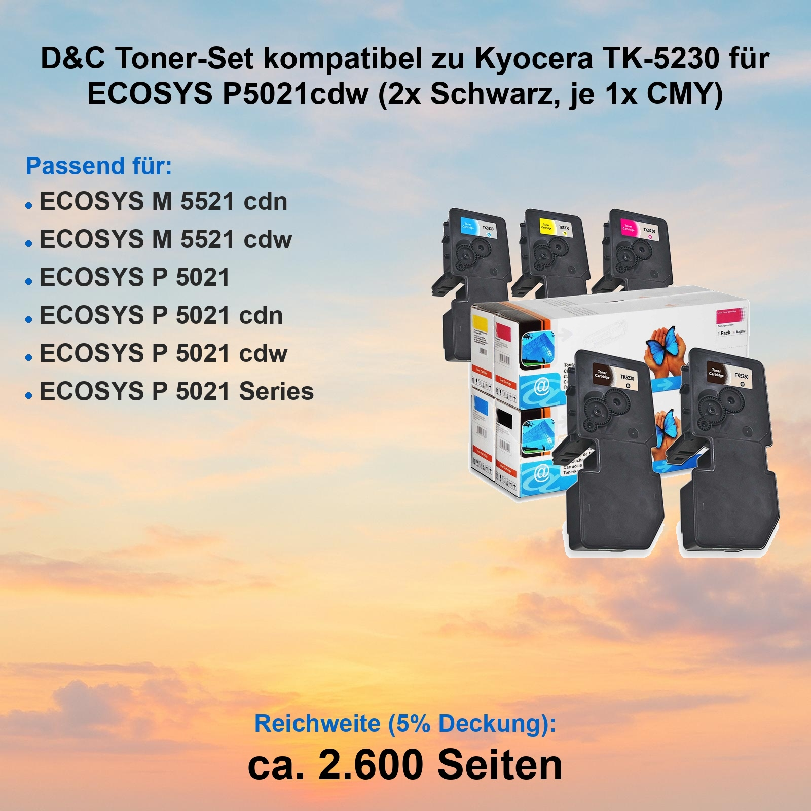 Das Bild zeigt Tonerkartuschen für Kyocera-Drucker. Textdetails zur Kompatibilität und Seitenleistung. Farben sind Schwarz, Cyan, Magenta und Gelb.