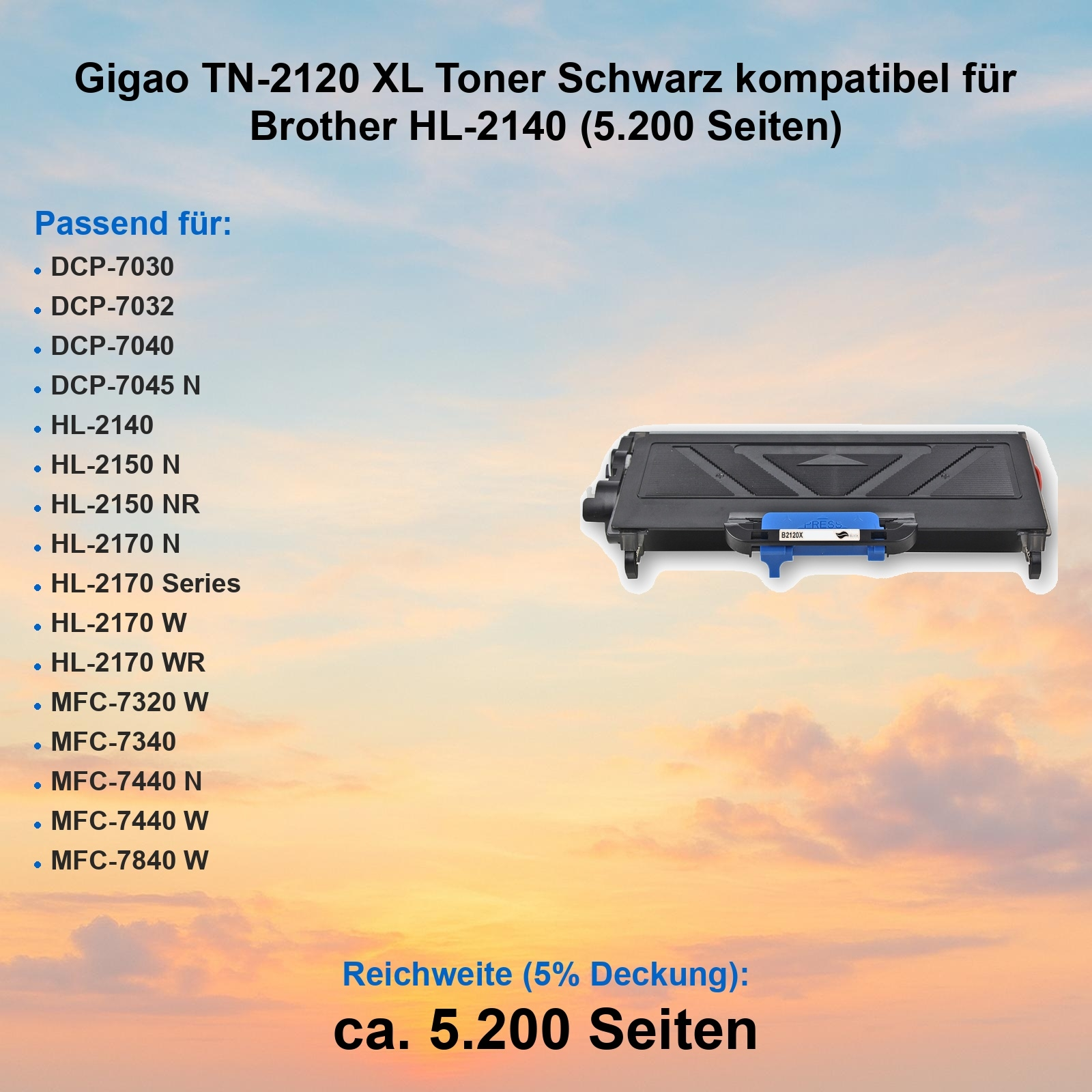 Eine schwarze Gigao TN-2120 XL Tonerkartusche für Brother HL-2140 Drucker, mit einer Kapazität von 5.200 Seiten.