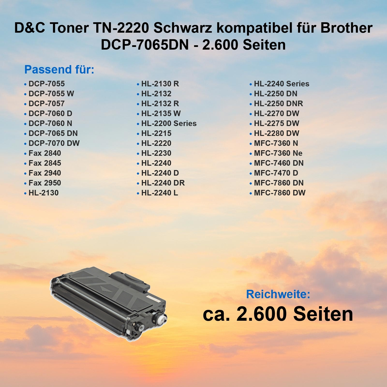 Schwarze Tonerkartusche mit einer Liste kompatibler Drucker und dem Text "ca. 2.600 Seiten".