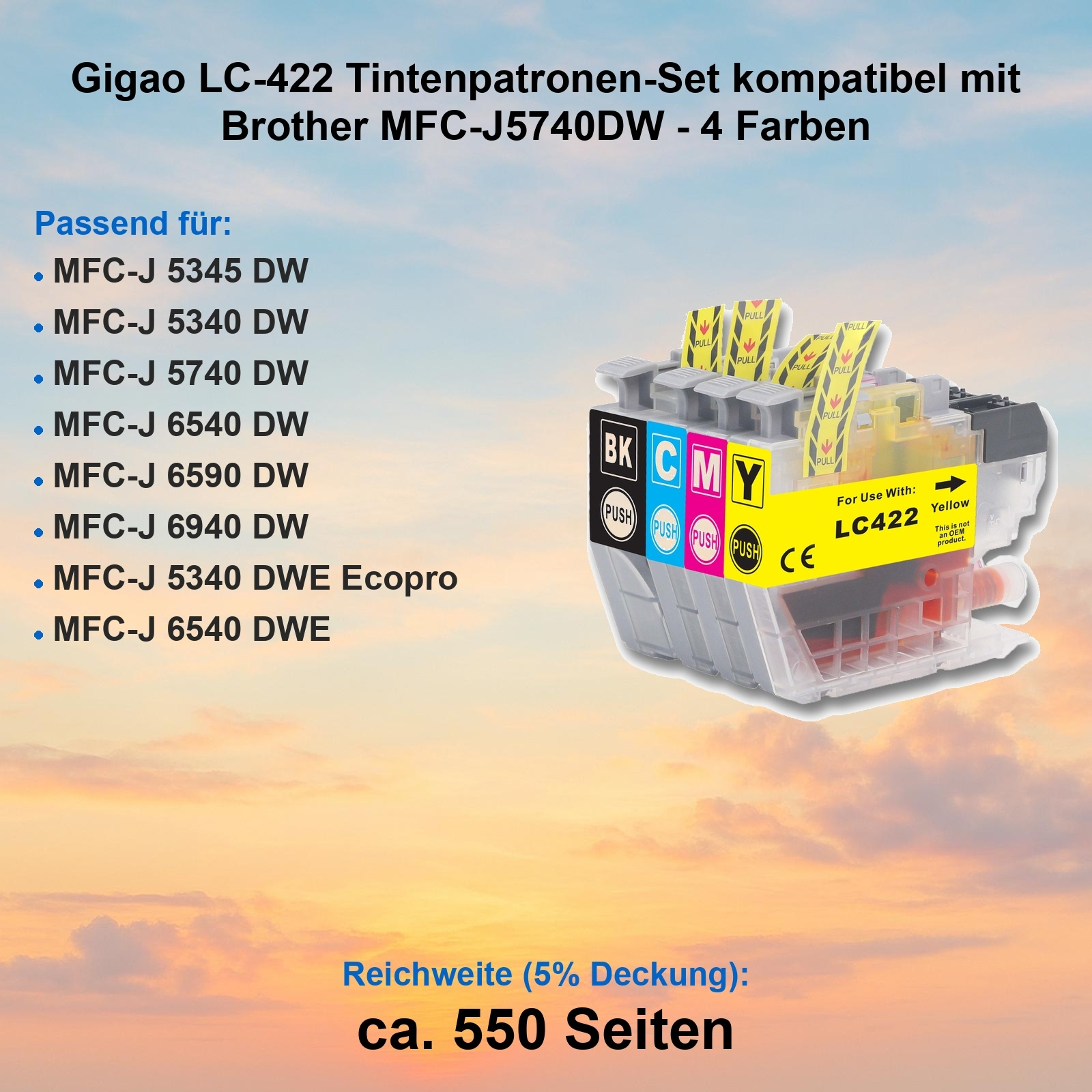 Tintenpatronen-Set mit schwarzer, cyan, magenta und gelber Tinte. Kompatibel mit Brother-Druckern. Weißer Hintergrund.