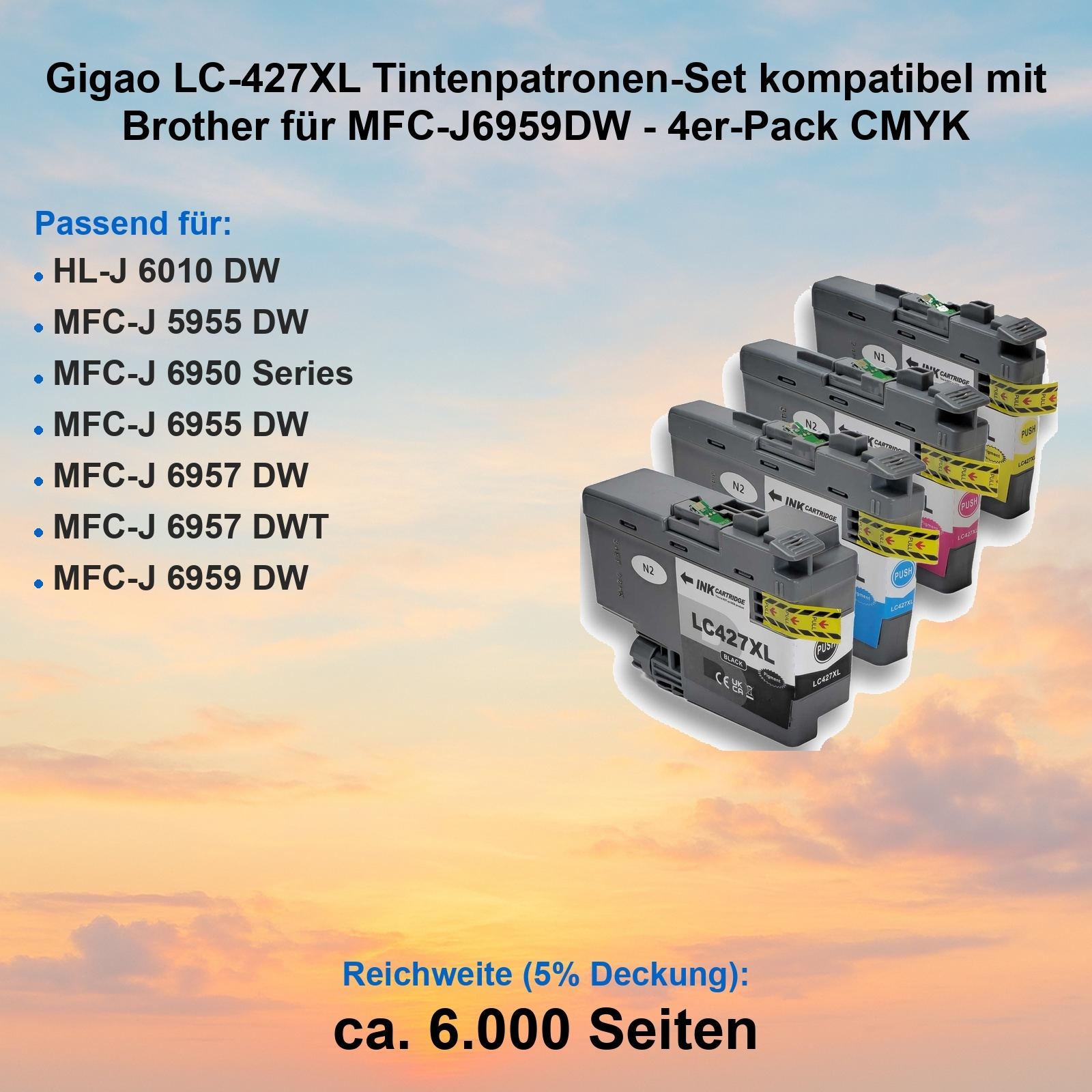 Vier Tintenpatronen, schwarz, cyan, magenta und gelb, mit der Bezeichnung LC427XL. Text enthält Druckerkompatibilität.