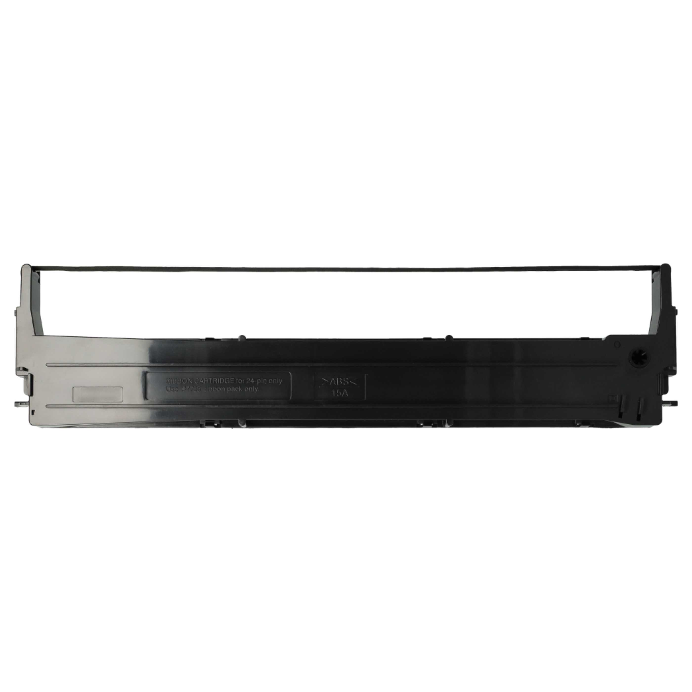 Eine schwarze Druckerbänderpatrone, mit Text, der angibt, dass sie für 24-Pin-Drucker und ABS 15A geeignet ist. Weißer Hintergrund.