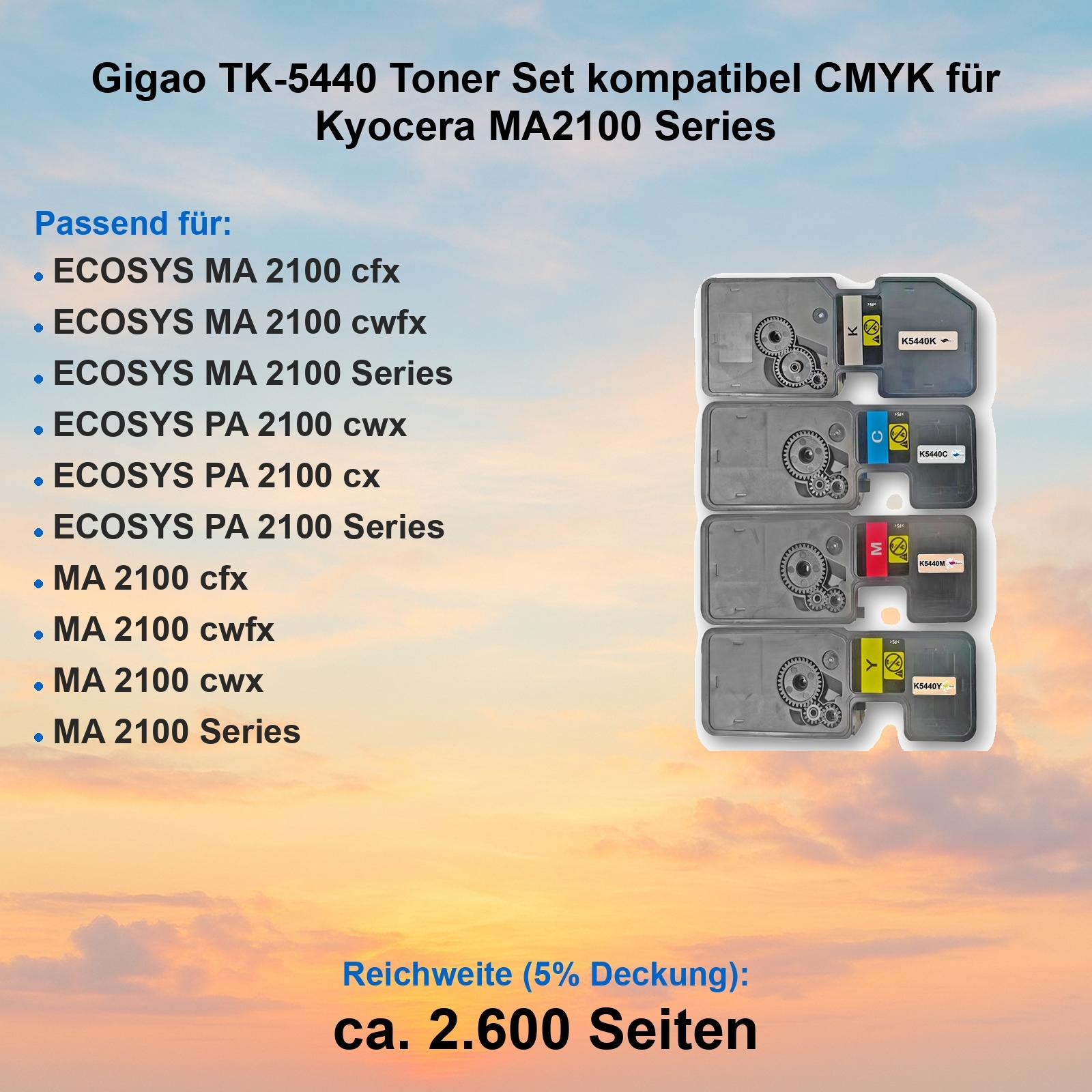 Bild zeigt Gigao TK-5440 Toner-Set. Vier Patronen, beschriftet mit CMYK-Farben, sind vor einem Gradienten-Hintergrund zu sehen.