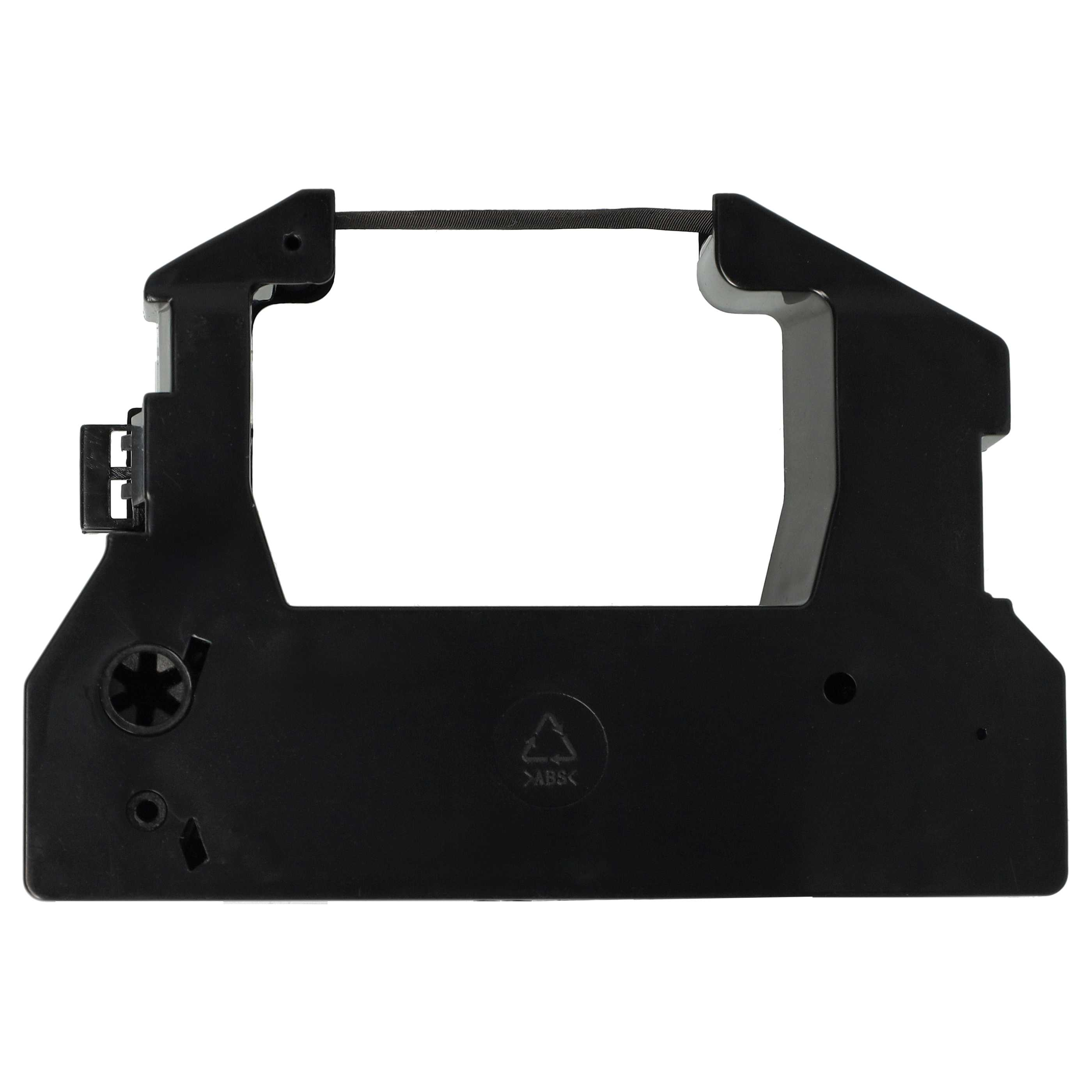 Eine schwarze Druckerbandkassette, oben ist ein Band sichtbar. Die Kassette hat ein komplexes, geometrisches Design.