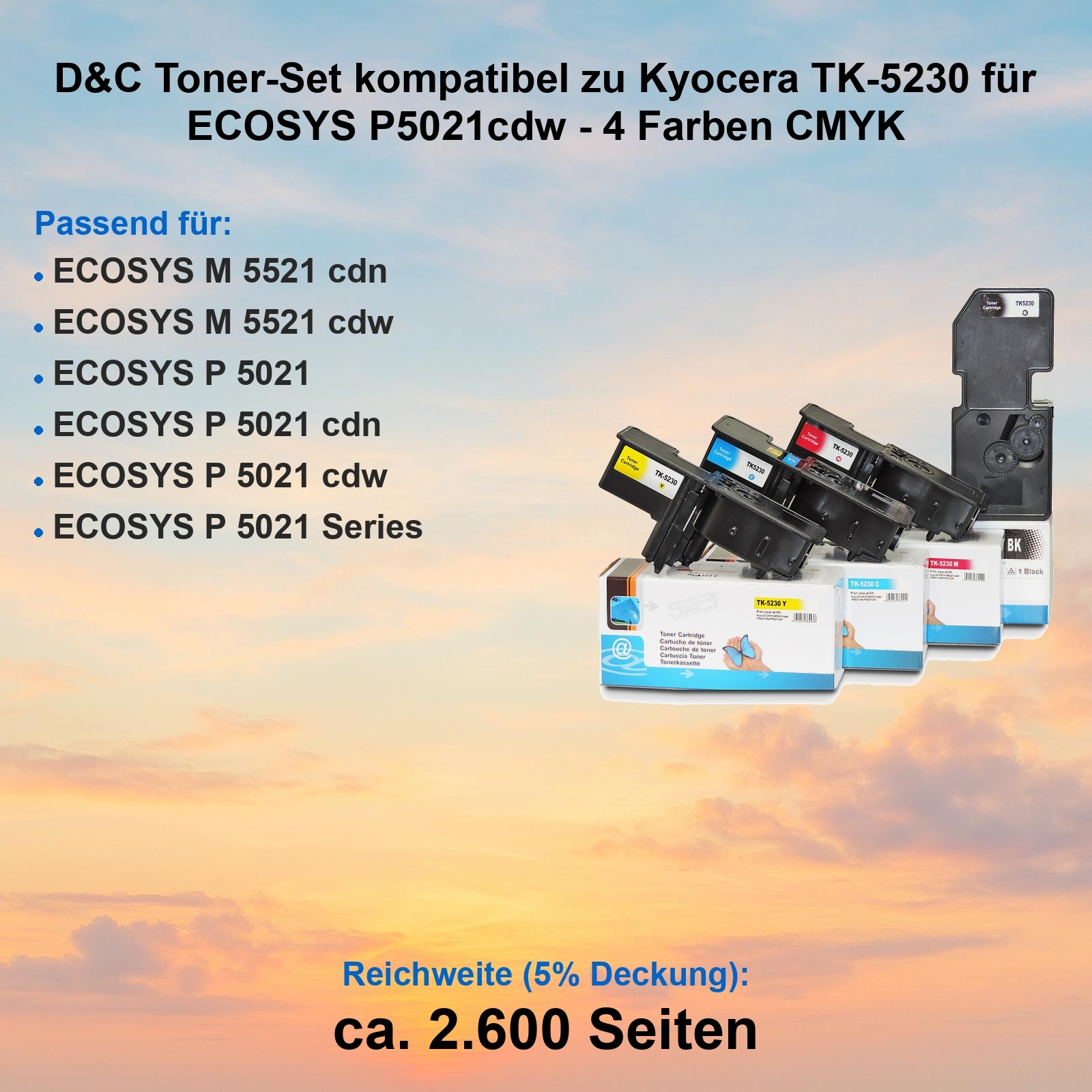 Das Bild zeigt Tonerkartuschen für Kyocera-Drucker mit Produktdetails und einem Himmelshintergrund.