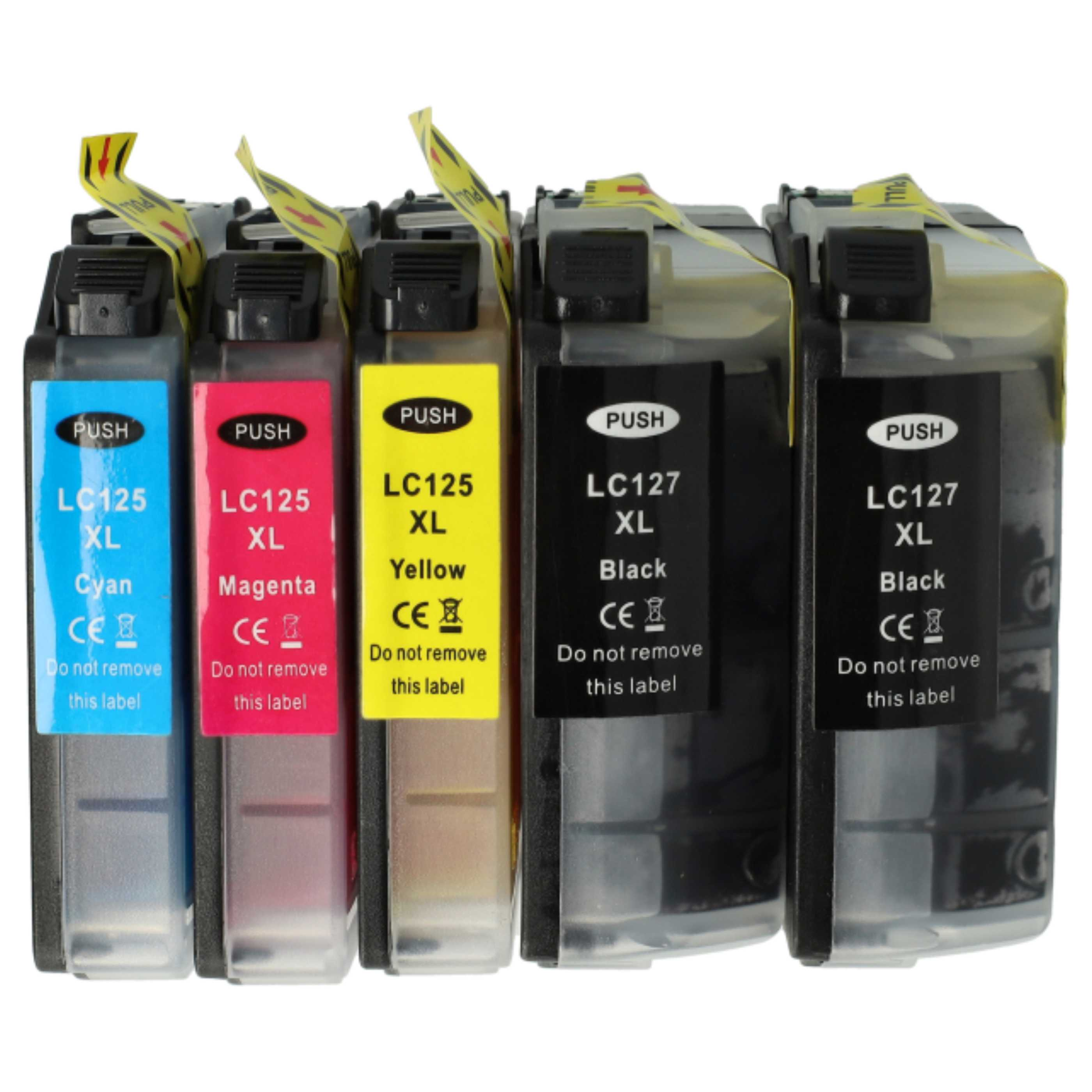 Fünf Tintenpatronen in Cyan, Magenta, Gelb und zwei Schwarz. Jede hat ein 'PUSH'-Etikett und ein 'Do not remove this label'.