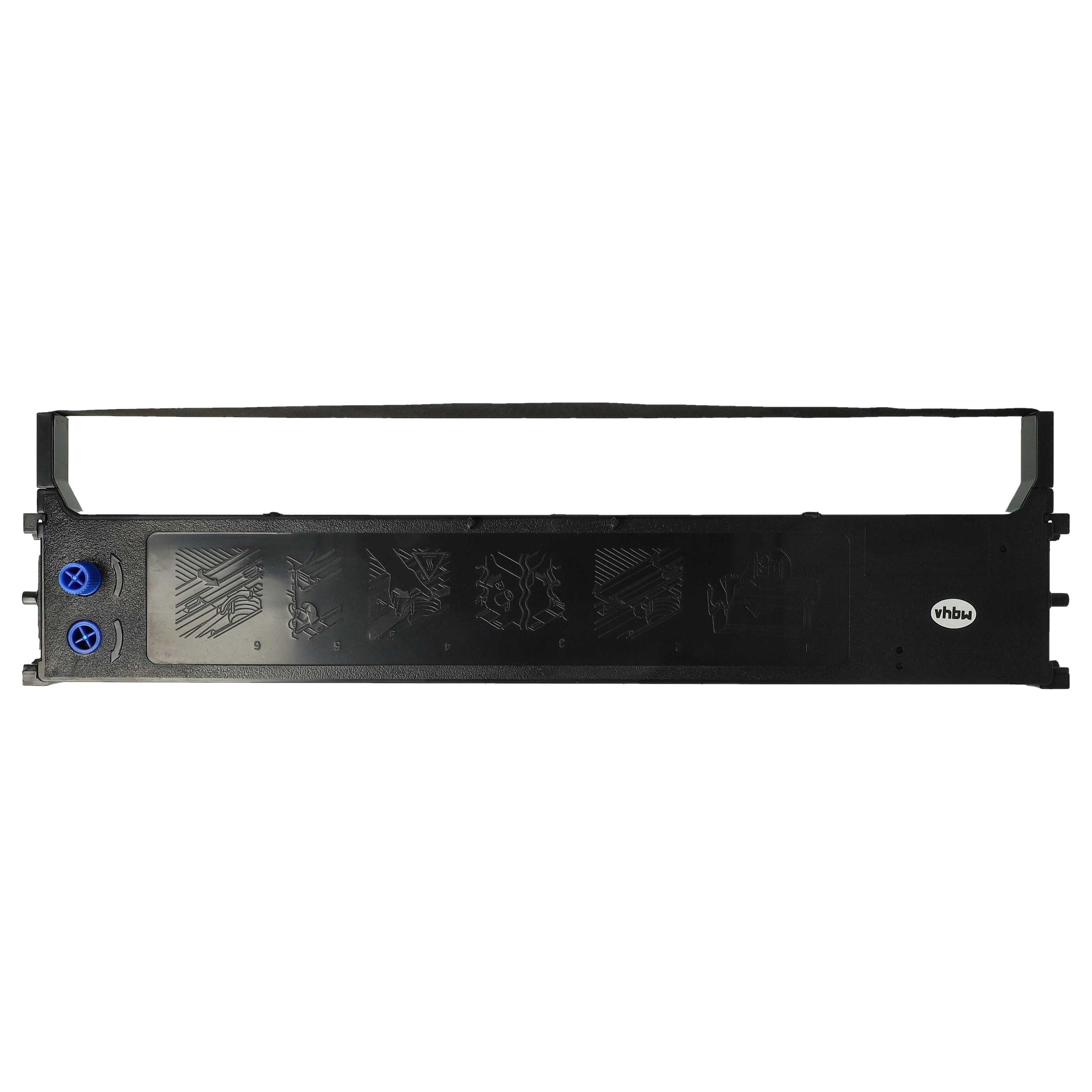 Eine schwarze Druckerbandkassette. Sie hat blaue Knöpfe links und ein weißes Etikett mit 'vhbw' rechts.