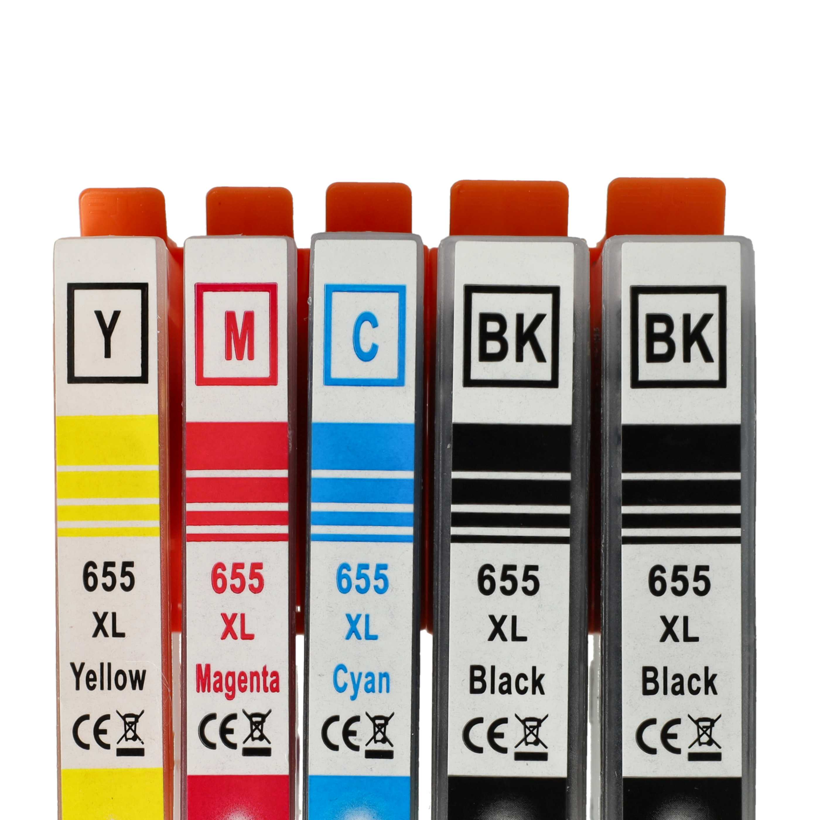 Fünf Tintenpatronen, gelb, magenta, cyan und zwei schwarze. Jede hat ein Farb- und Tintenart-Etikett.