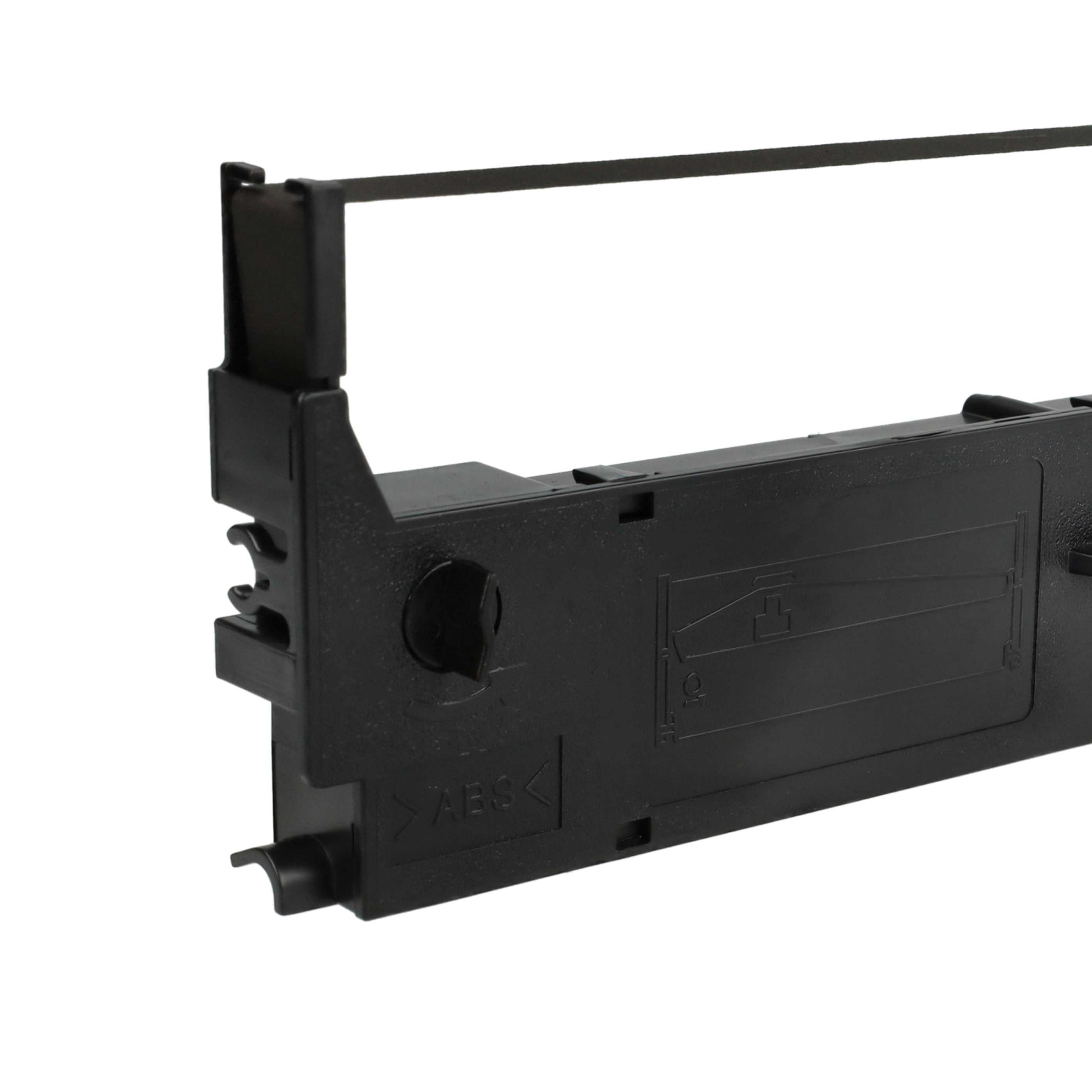 Eine schwarze Druckerbandpatrone. Die Patrone ist überwiegend schwarz, mit etwas weißem Hintergrund.