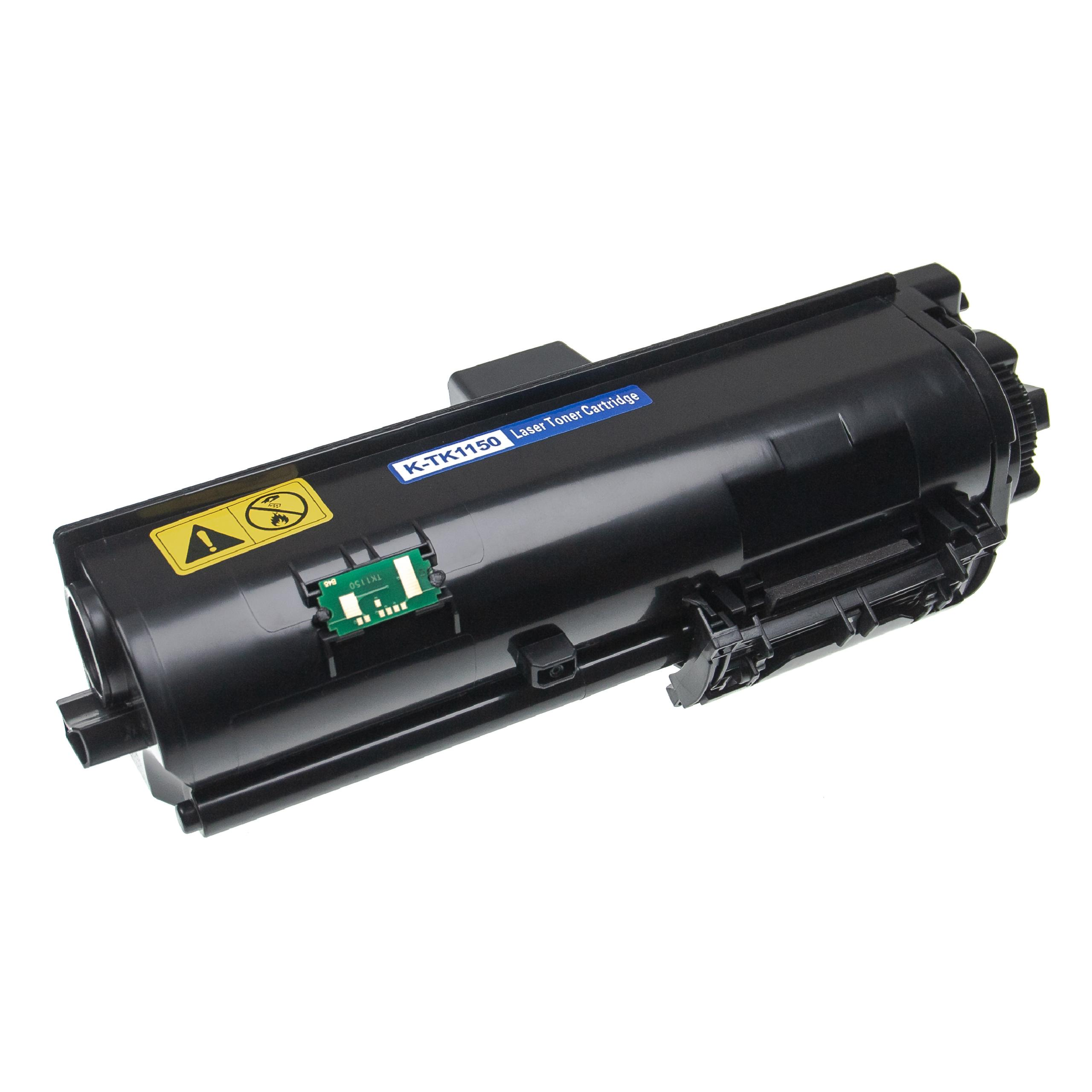 Schwarze Lasertoner-Kartusche auf Weiß. Sie hat ein Warnschild und ein Etikett mit der Aufschrift 'K-TK1150 Laser Toner Cartridge'.