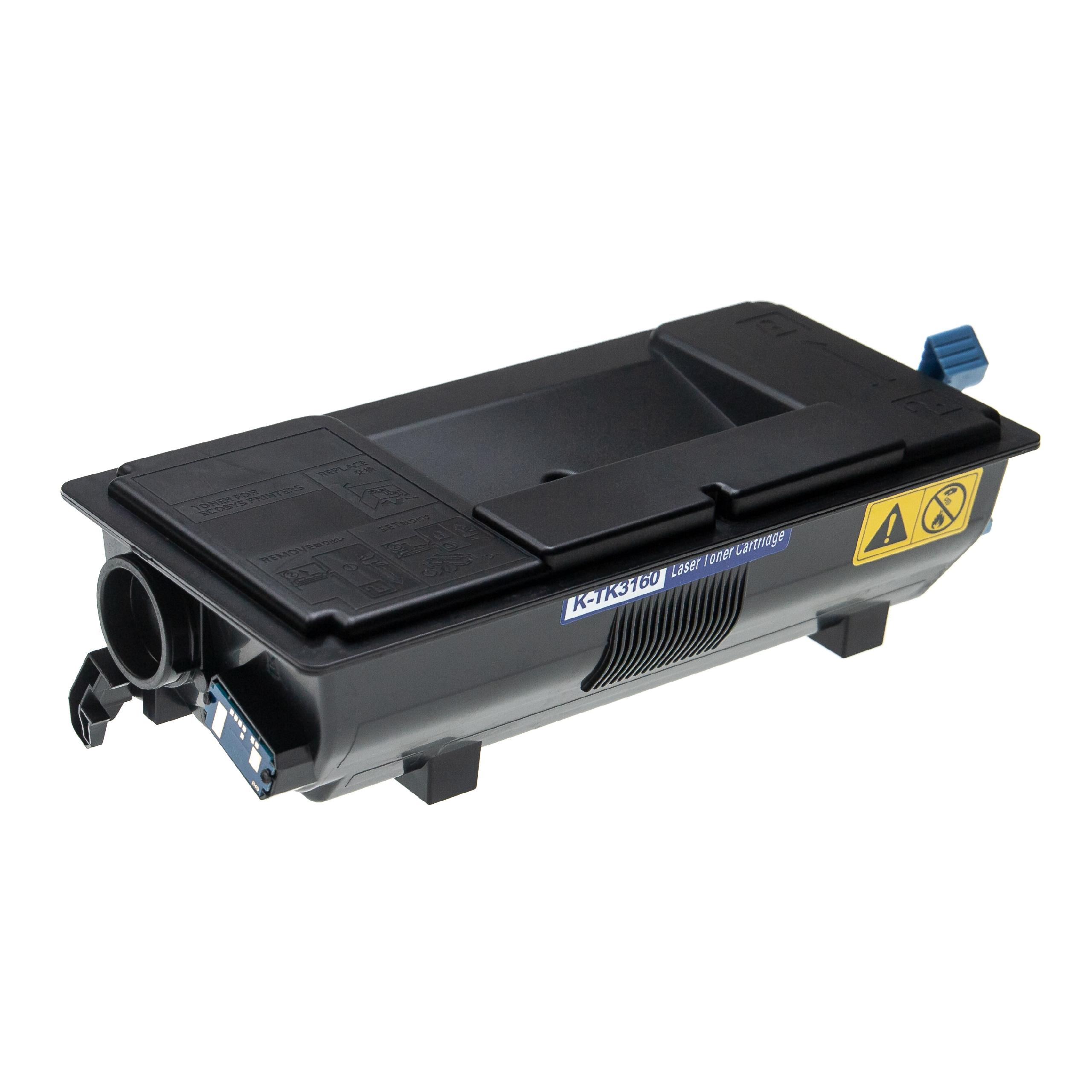 Eine schwarze Lasertoner-Kartusche mit blauen Akzenten. Sie hat ein Etikett mit der Aufschrift K-TK3160 und Laser Toner Cartridge.