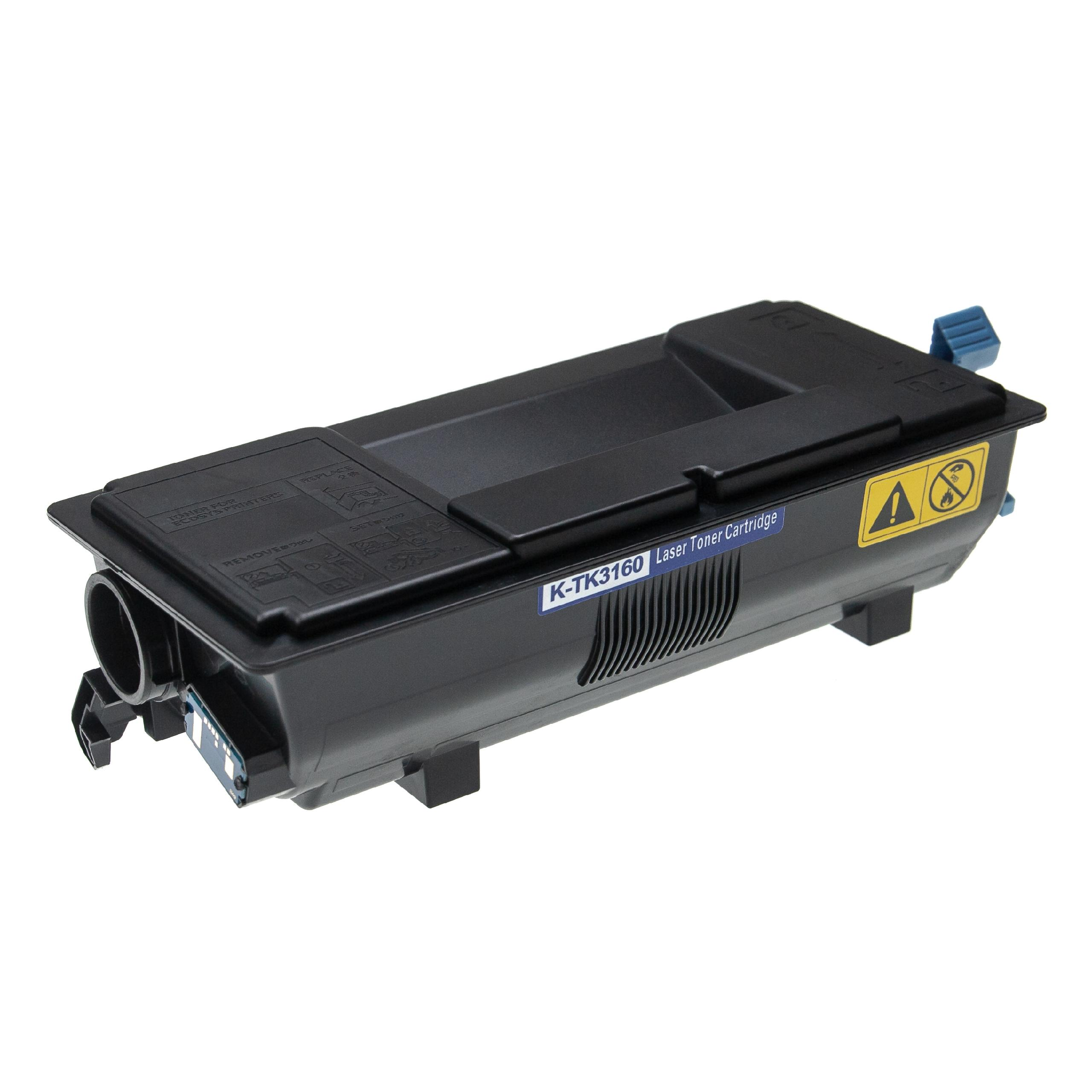 Eine schwarze K-TK3160 Lasertonerpatrone mit blauen und gelben Akzenten. Sie befindet sich auf weißem Grund.