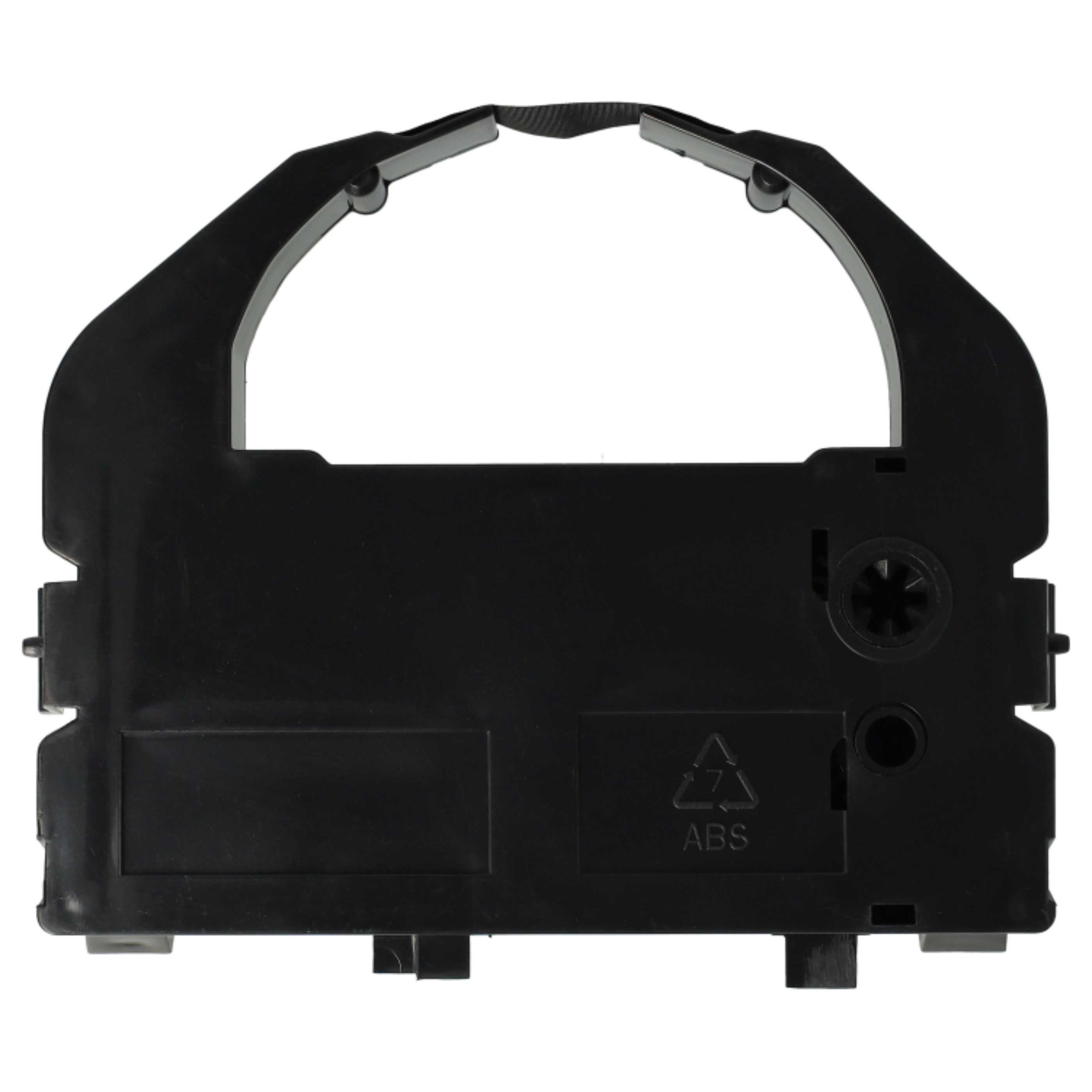 Schwarze Druckerbandpatrone auf weißem Hintergrund. Es ist ein ABS-Kunststoffteil mit Recycling-Symbol.