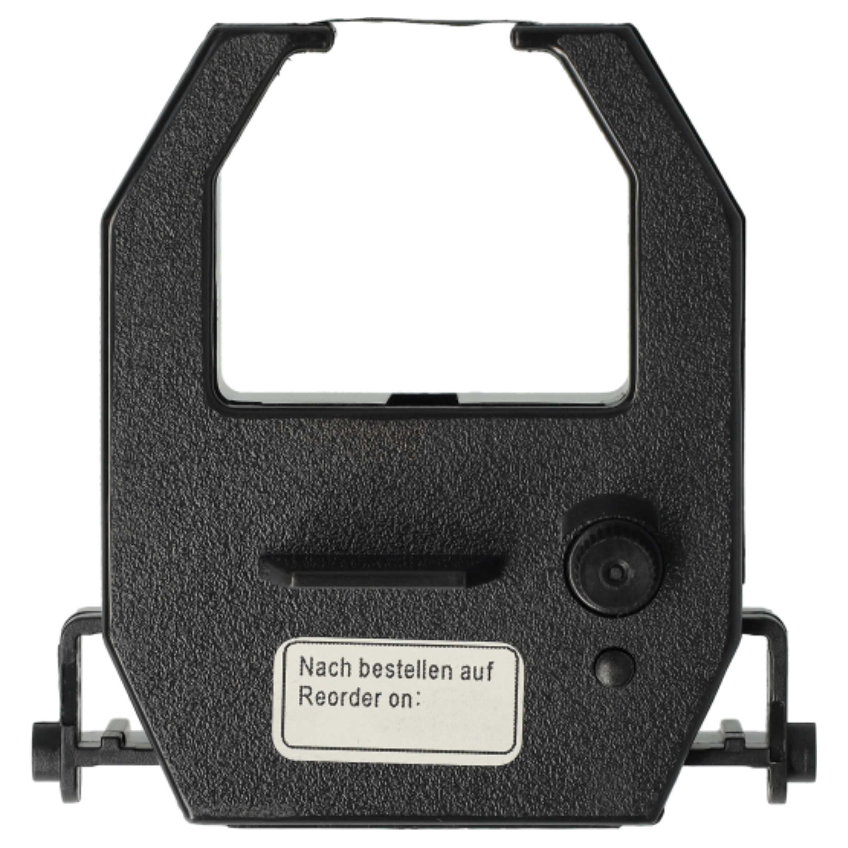 Eine schwarze Schreibmaschinenbandpatrone mit einem Etikett mit der Aufschrift "Nach bestellen auf Reorder on:"