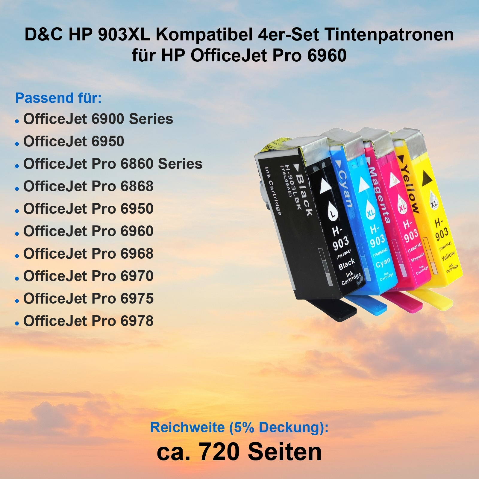 Tintenpatronen, schwarz, cyan, magenta und gelb. Text enthält Druckerkompatibilität und Seitenausbeute.