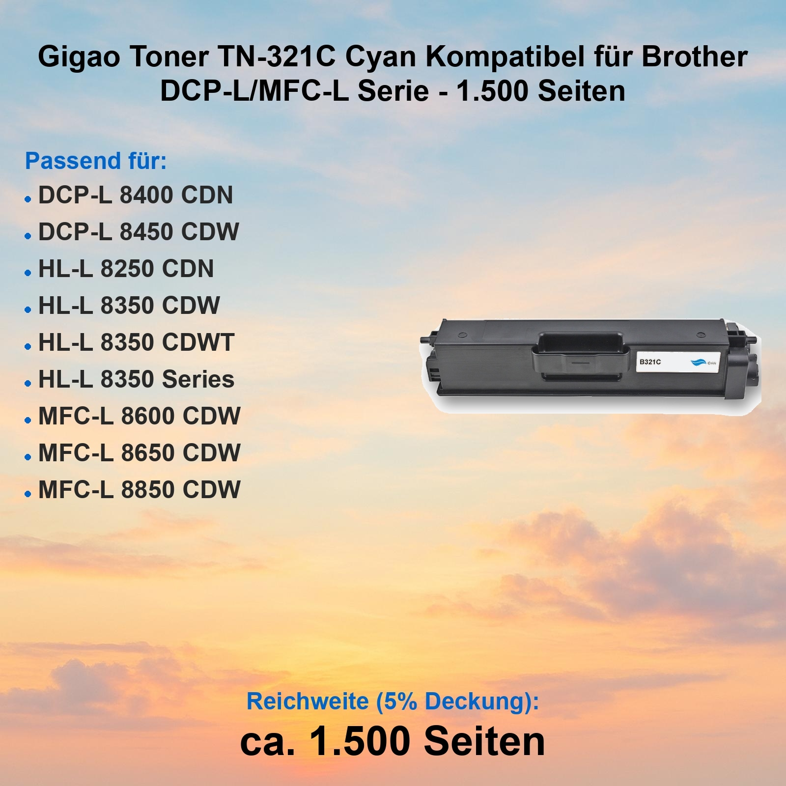 Eine blaue Tonerkartusche mit der Bezeichnung B321C. Text beschreibt Kompatibilität mit Brother-DCP/MFC-Druckern.