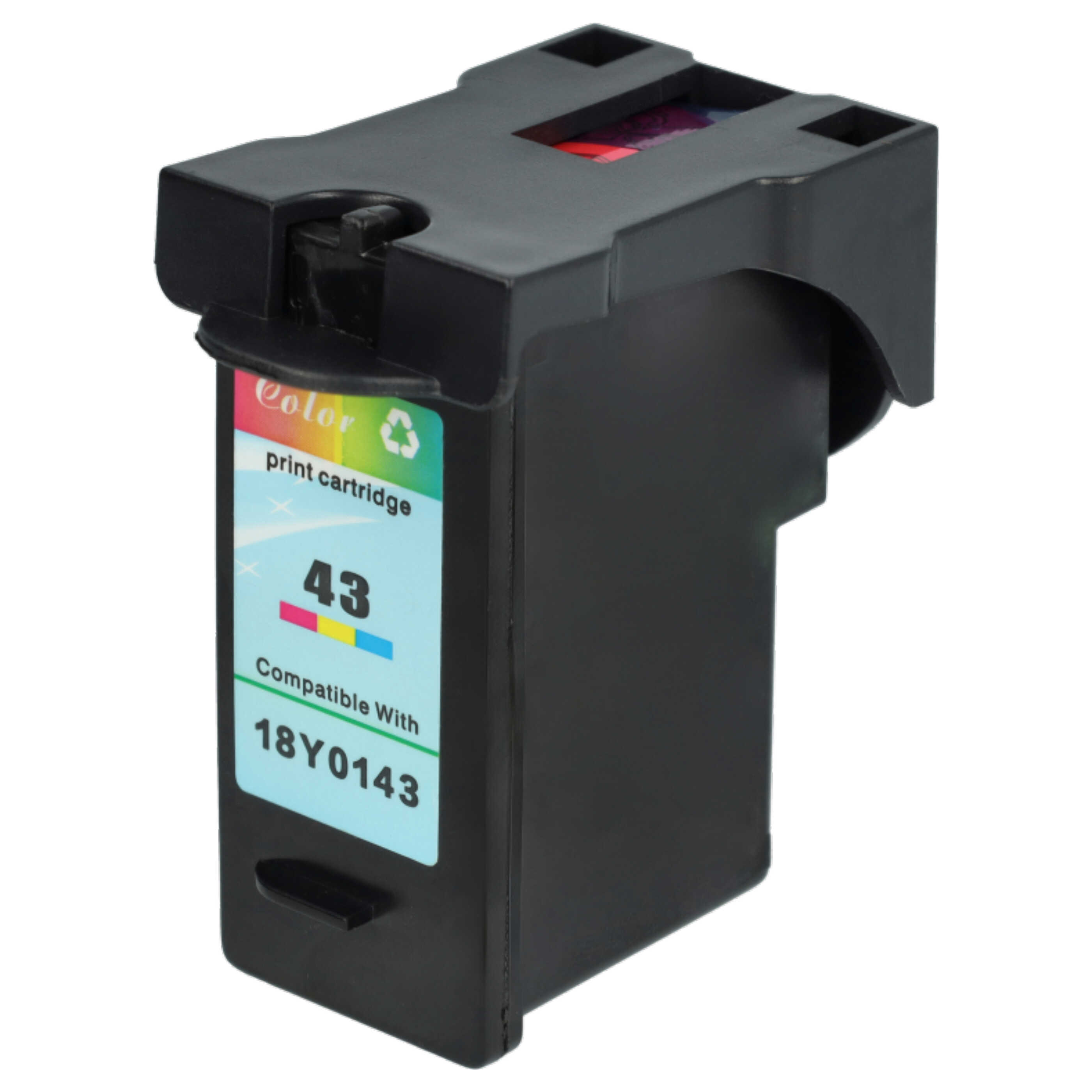 Eine schwarze und blaue Druckpatrone mit der Nummer 43. Die Patrone ist mit 18Y0143 kompatibel.