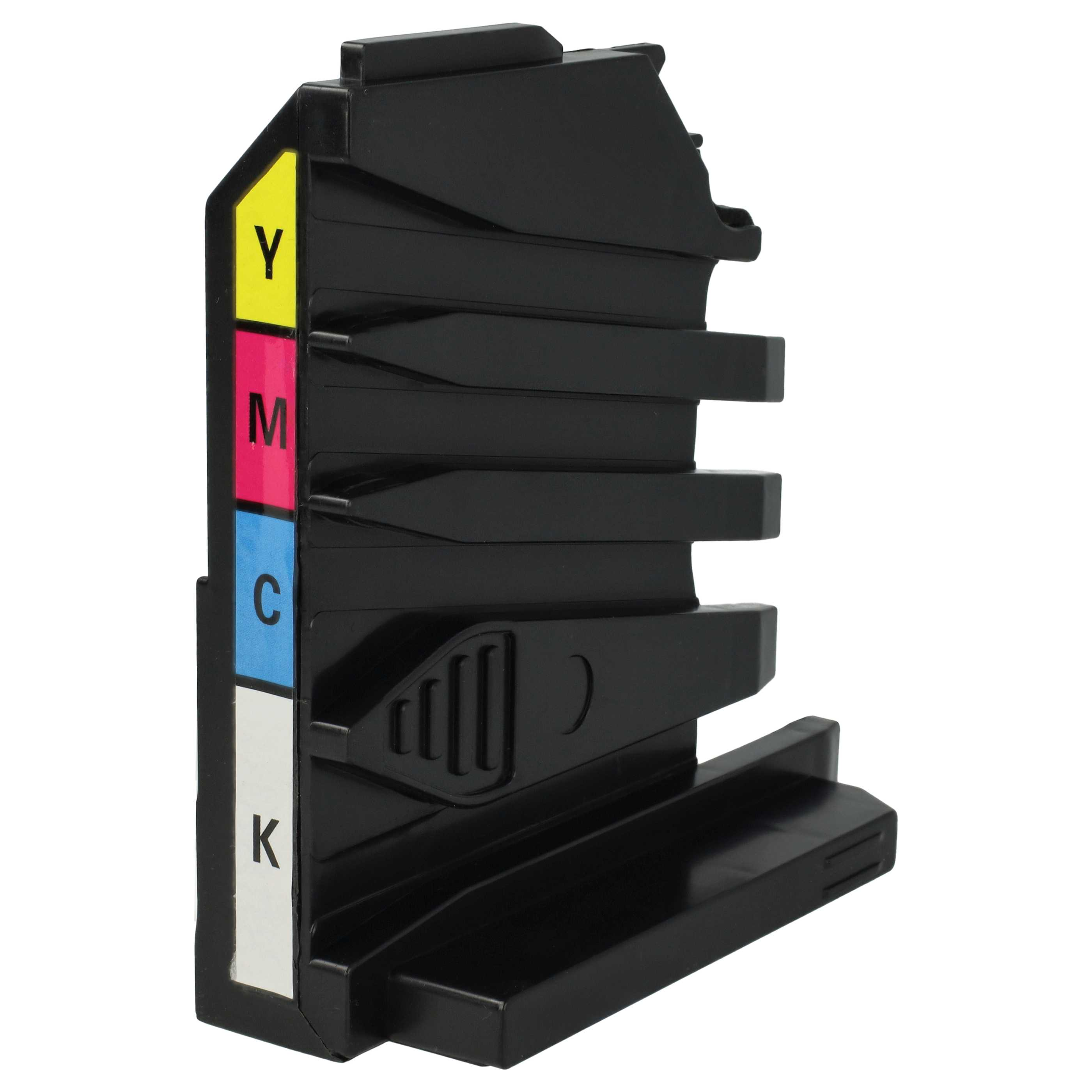 Eine schwarze Tintenpatrone mit farbigen Etiketten: Y (gelb), M (magenta), C (cyan) und K (schwarz). Die Patrone befindet sich auf weißem Hintergrund.