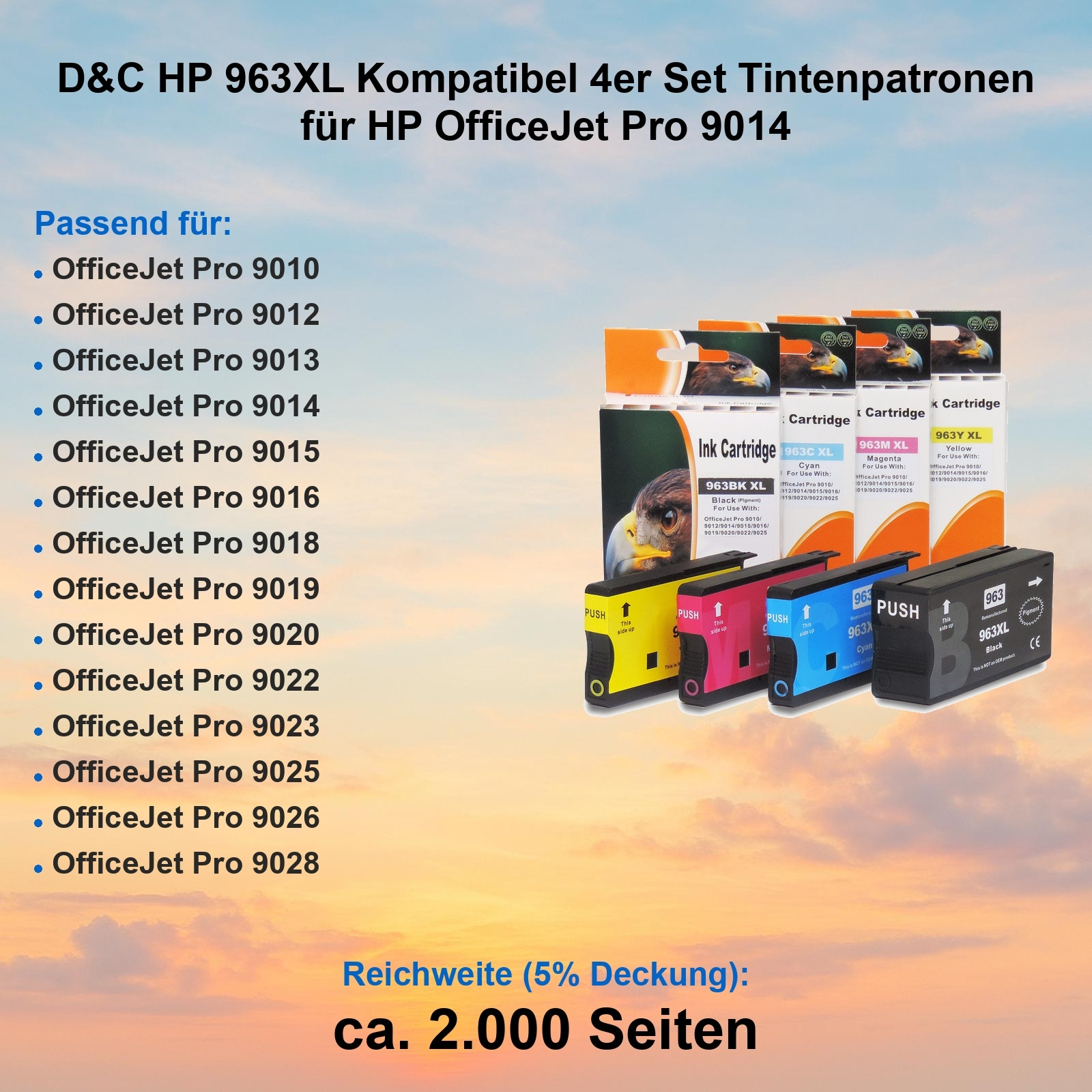 Tintenpatronen, schwarz, cyan, magenta und gelb. Etiketten zeigen die Druckerkompatibilität. Text zeigt Seitenausbeute und Druckermodelle.