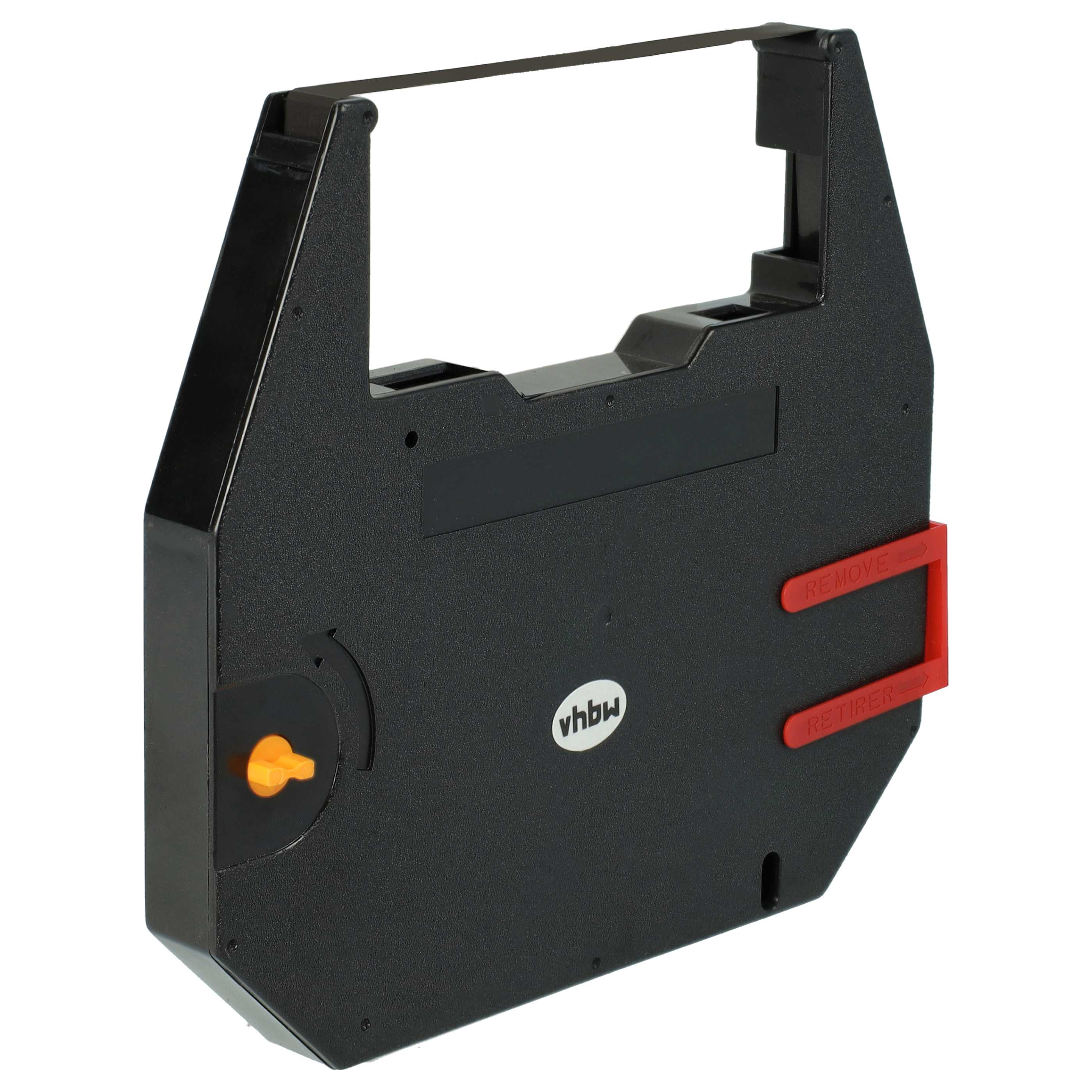Eine schwarze Druckerbandkassette mit roten Akzenten und einem weißen Logo auf weißem Hintergrund.