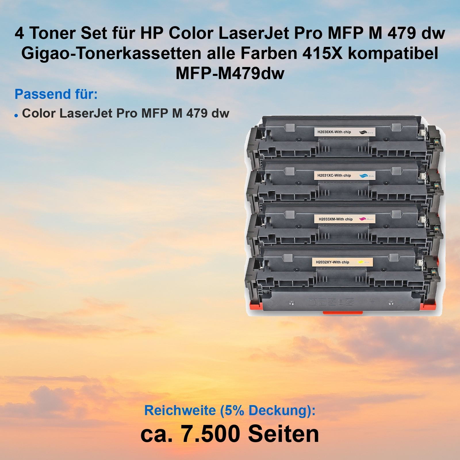 Vier schwarze Tonerkartuschen für HP-Drucker. Etiketten zeigen Farben: Schwarz, Cyan, Magenta und Gelb.