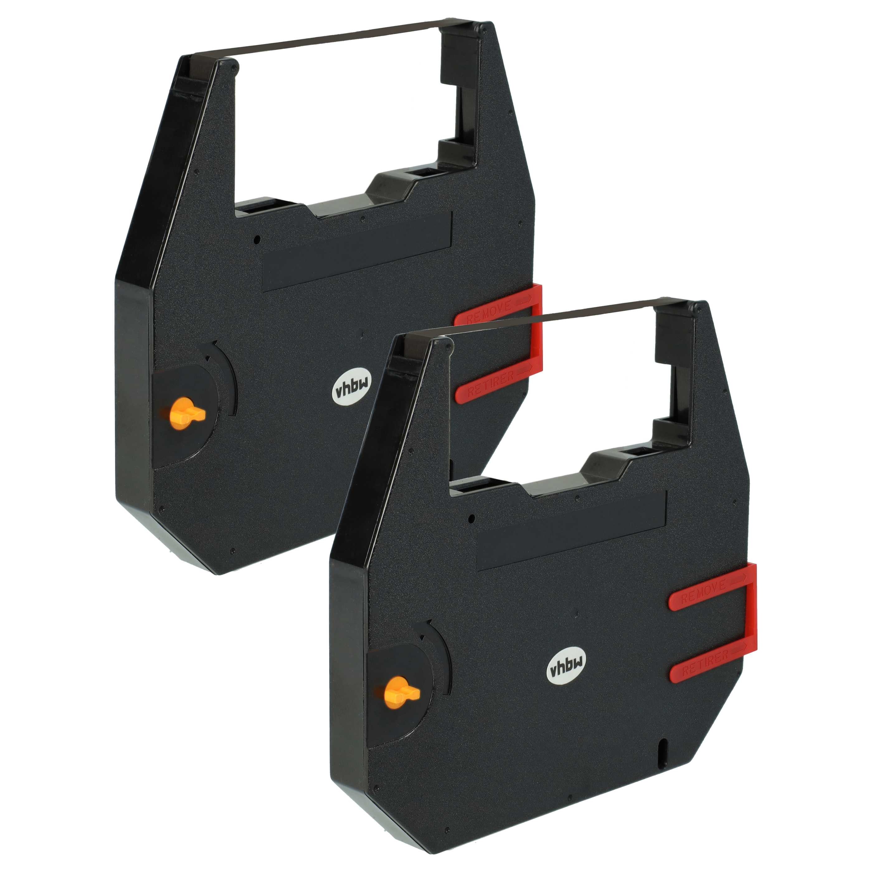 Zwei schwarze Druckerbandpatronen. Rote Clips und das vhbw-Logo sind sichtbar.