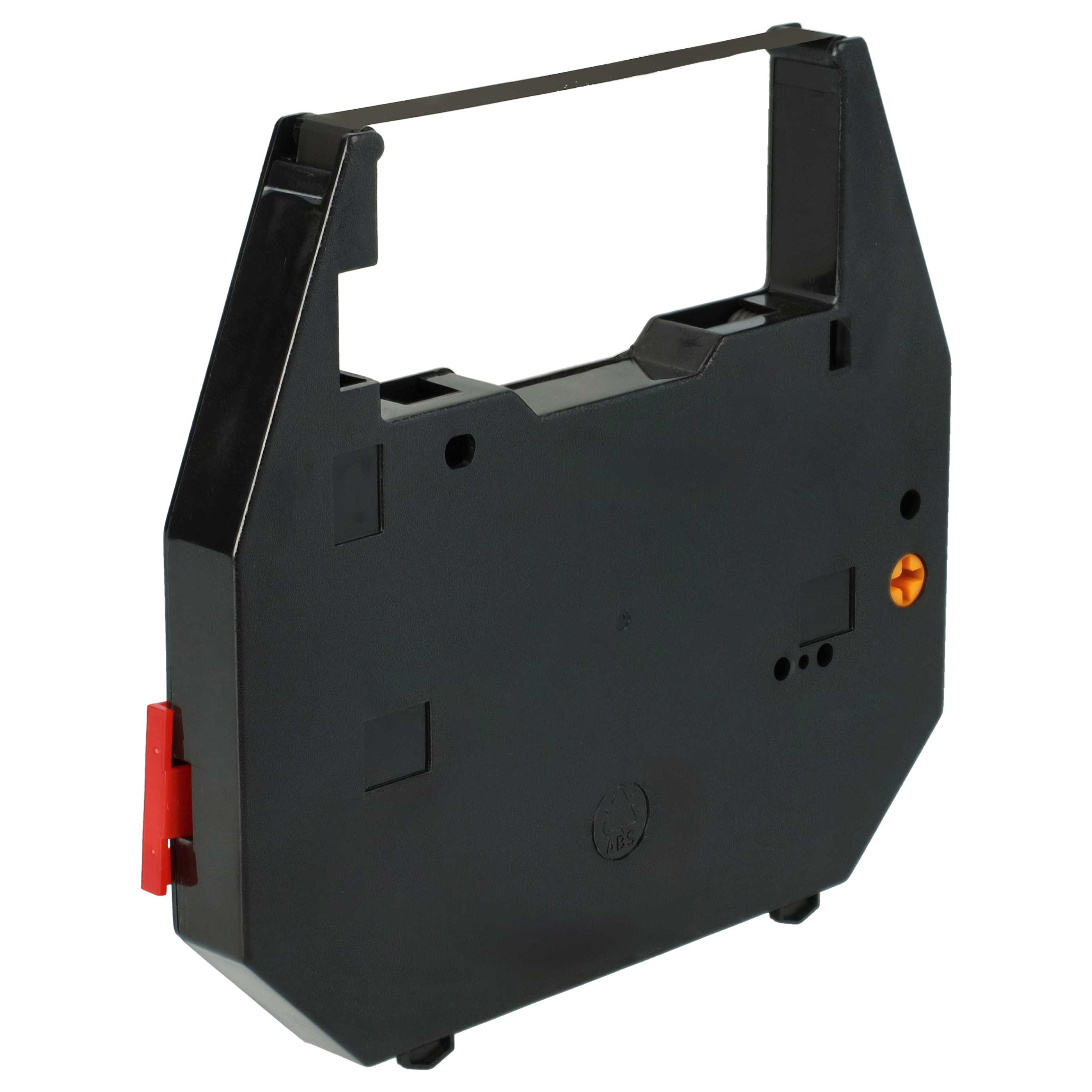 Eine schwarze Druckerbandpatrone mit rotem Hebel. Der Hintergrund ist weiß.