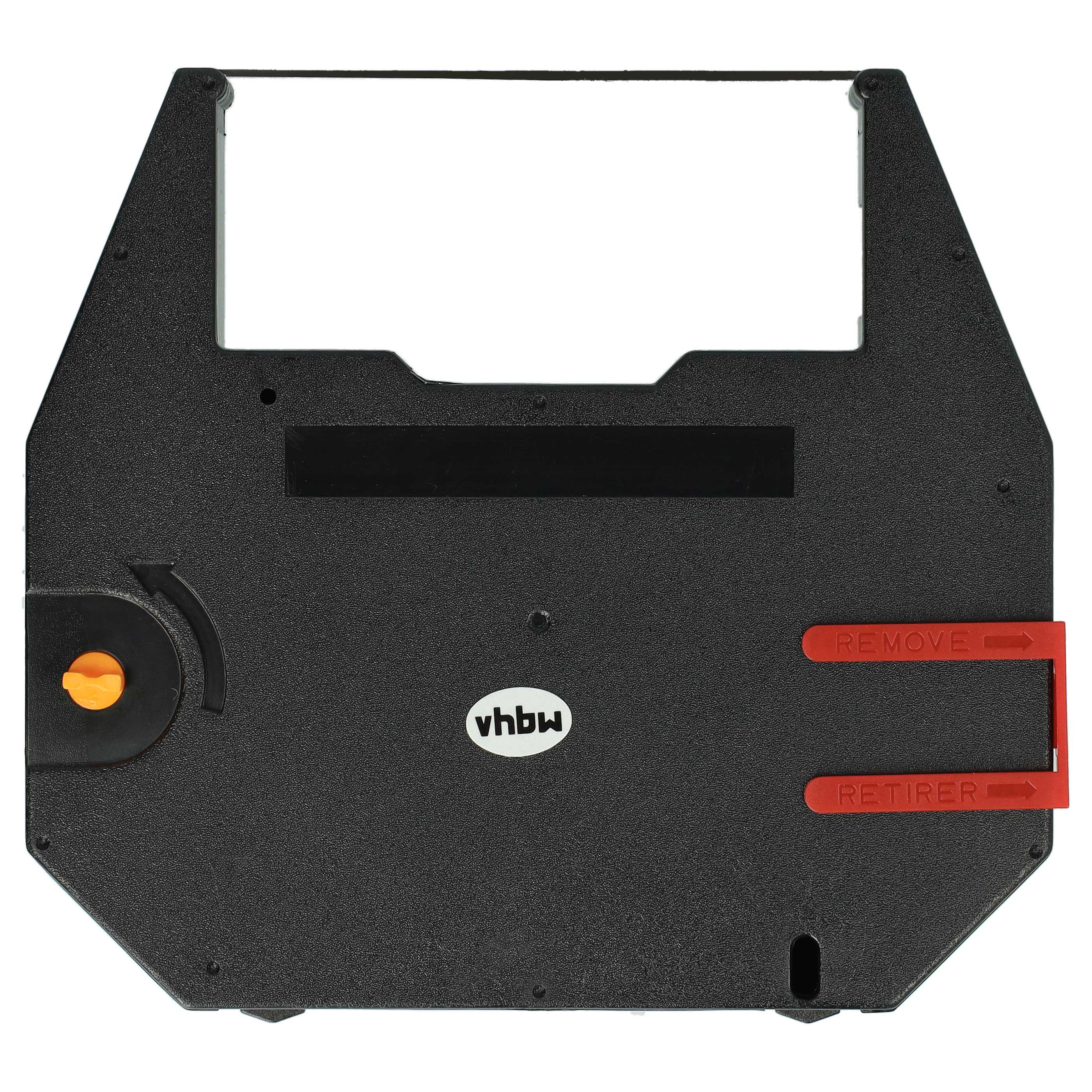 Eine schwarze Druckerbandkassette mit roten Etiketten mit der Aufschrift 'REMOVE' und 'RETIRE' und einem orangefarbenen Rad.