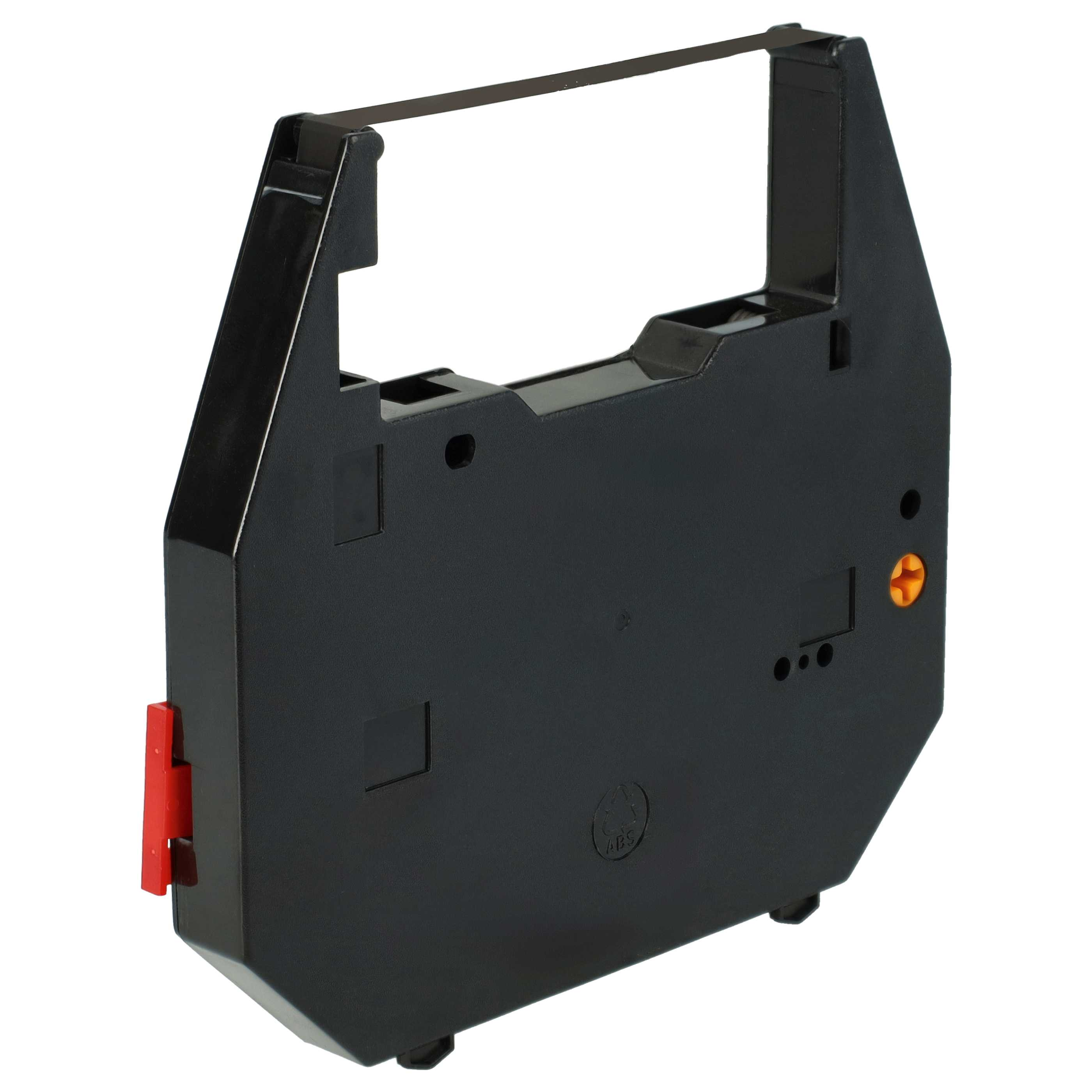 Schwarze Druckerbänderpatrone mit rotem Hebel und orangefarbener Schraube. Isoliert auf weißem Hintergrund.