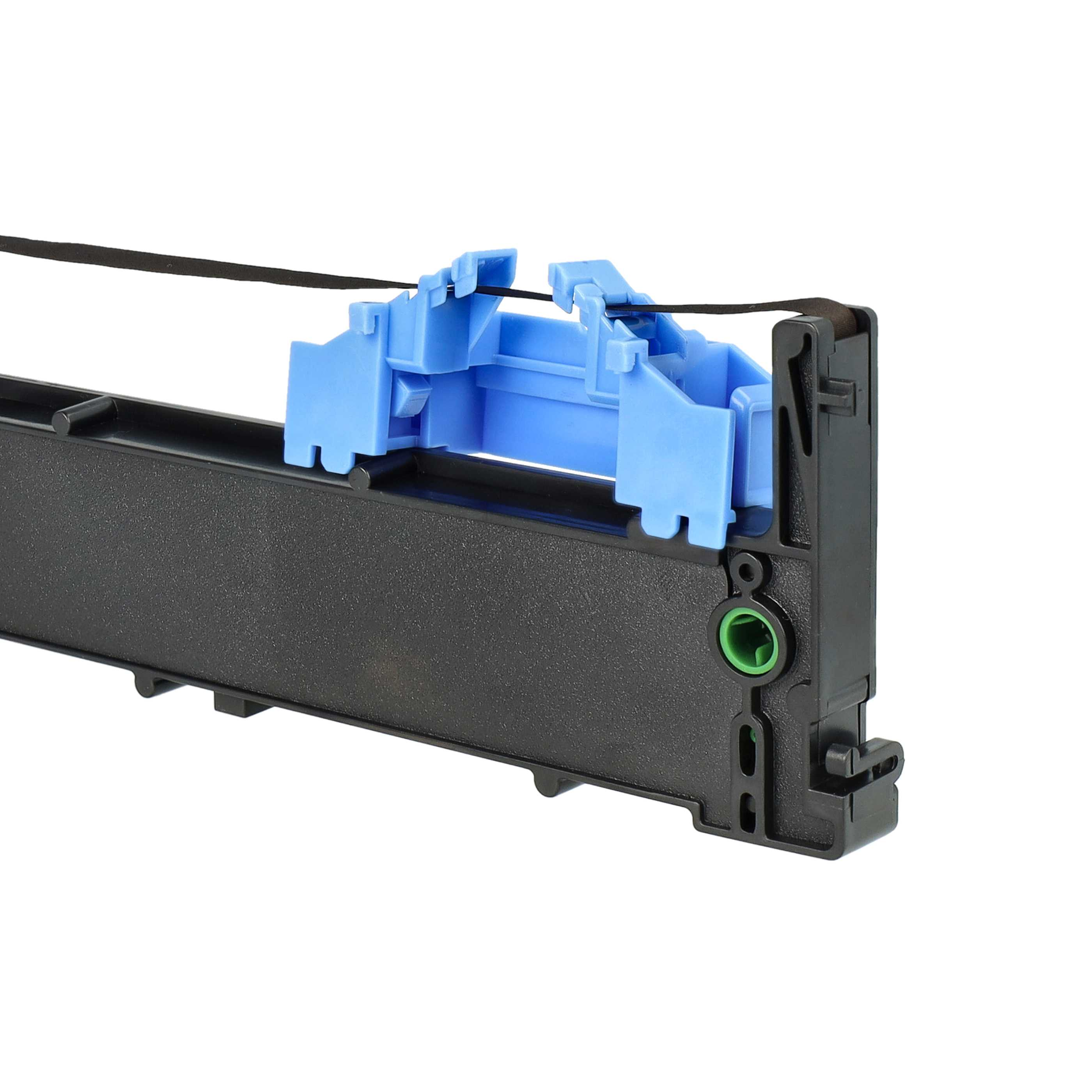 Nahaufnahme einer Druckerbandkassette. Die Kassette ist schwarz, blaue Kunststoffelemente sind sichtbar.