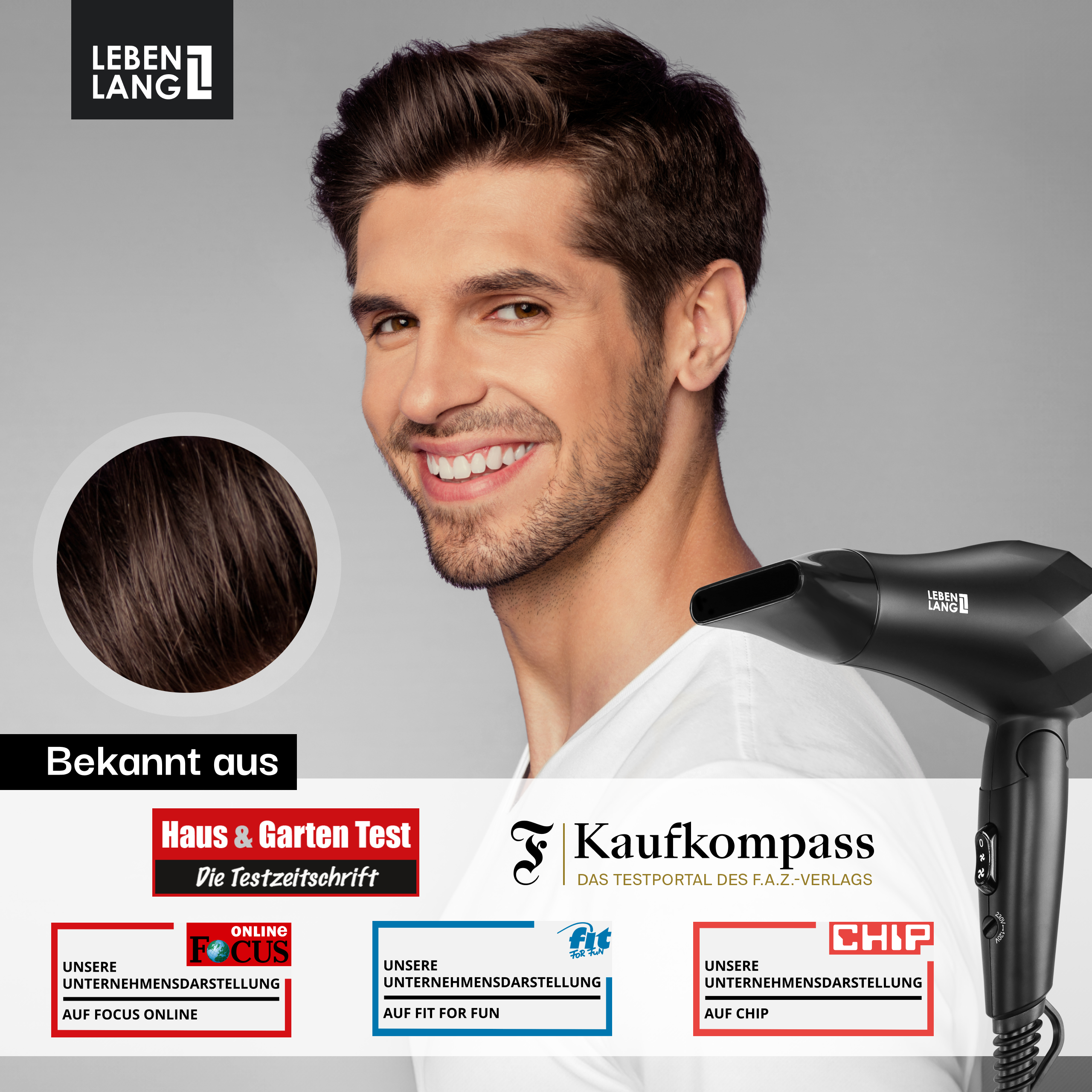 Un uomo sorride, tenendo un asciugacapelli nero. Sotto, loghi di pubblicazioni e un campione di capelli.