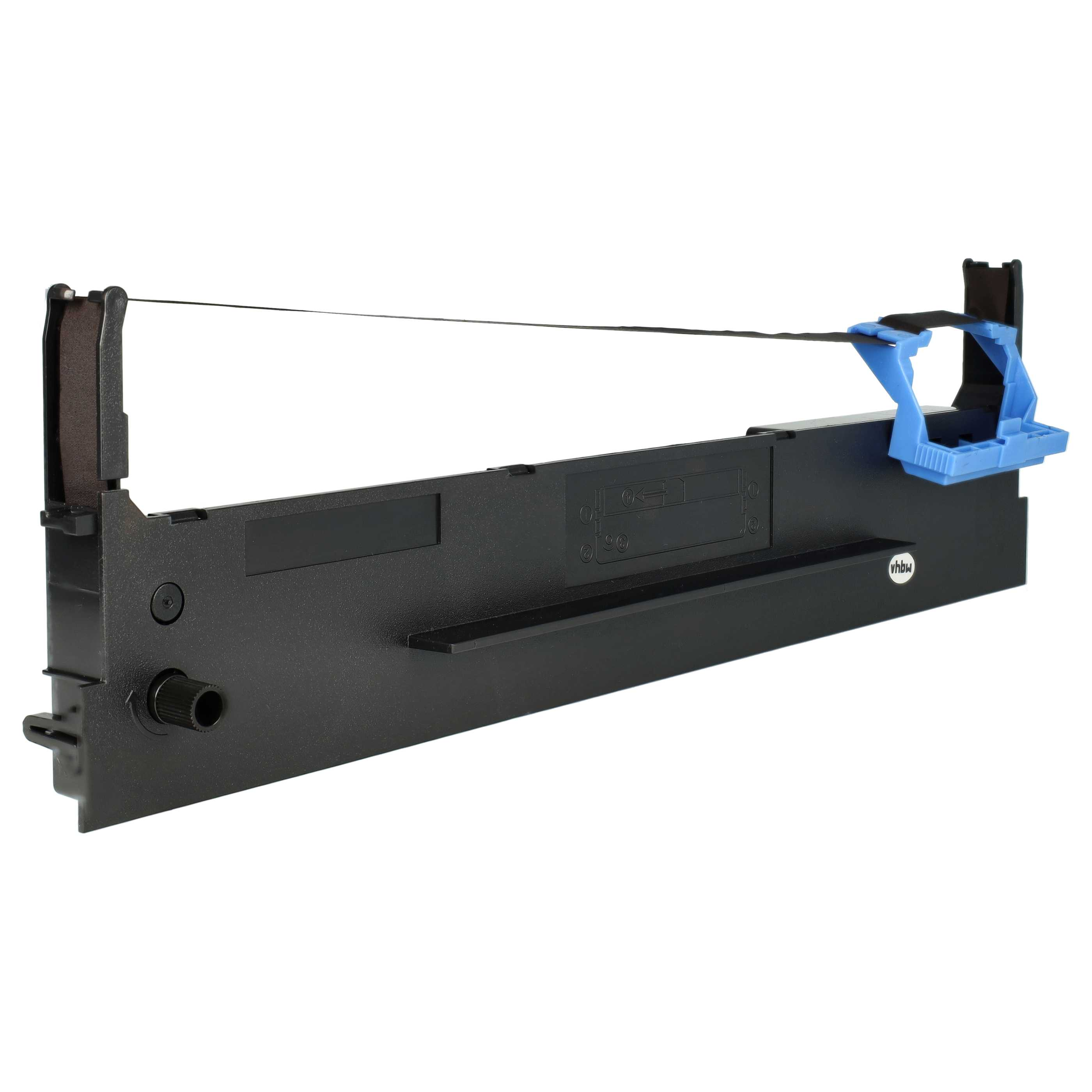 Eine Druckerbandpatrone. Die Patrone ist schwarz mit einem blauen Kunststoffteil.