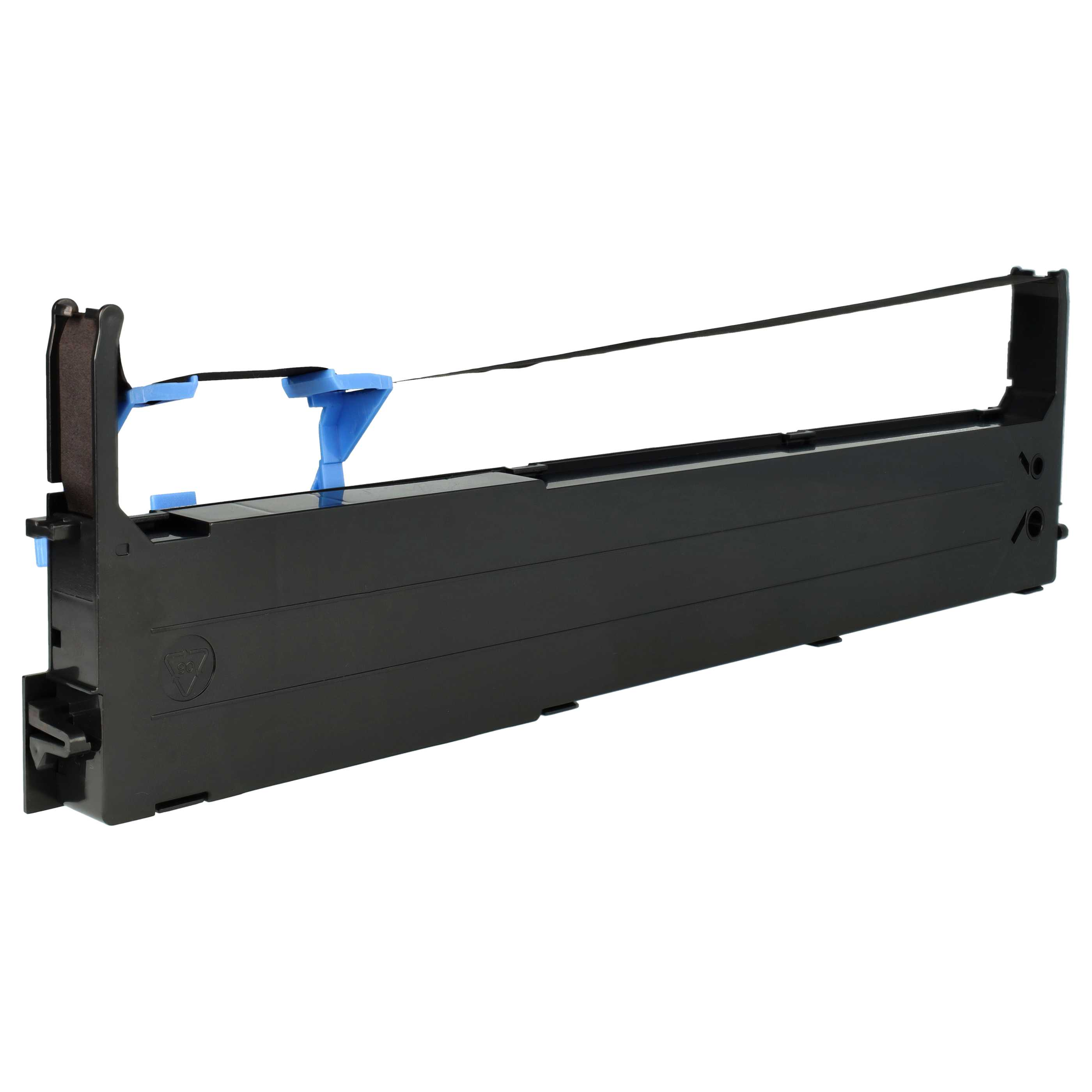 Eine schwarze Druckerbandpatrone mit blauen Stützen, vor weißem Hintergrund.