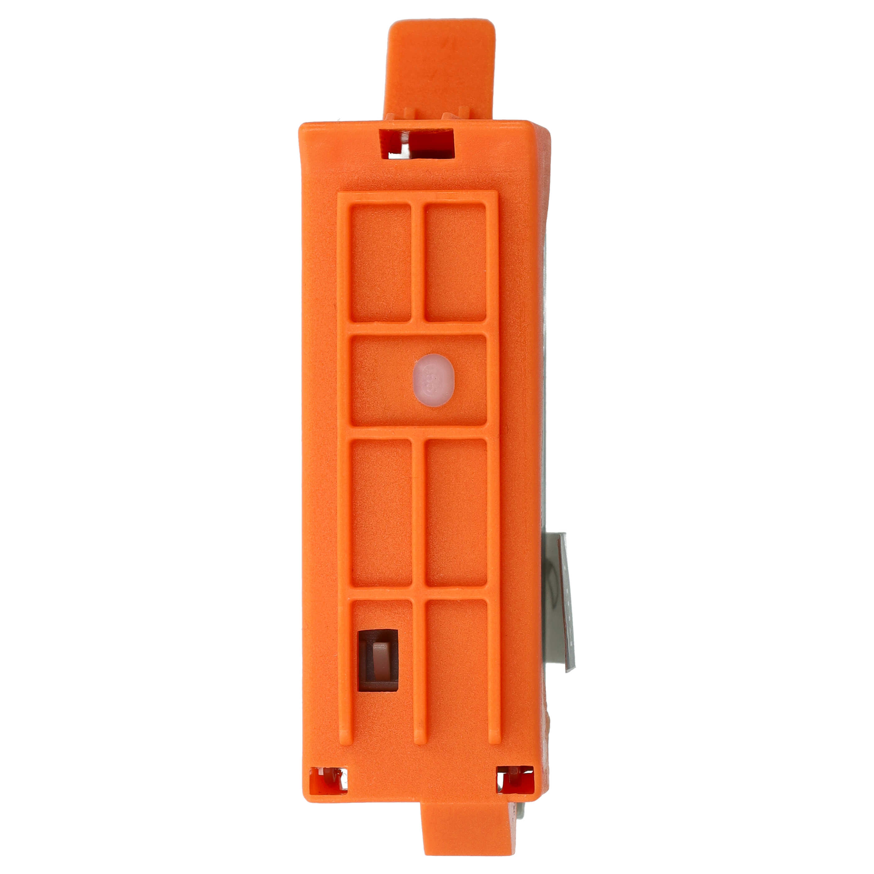 Ein orangefarbener rechteckiger Kunststoffbauteil mit einem erhöhten Abschnitt oben und einem hellen Knopf in der Mitte.