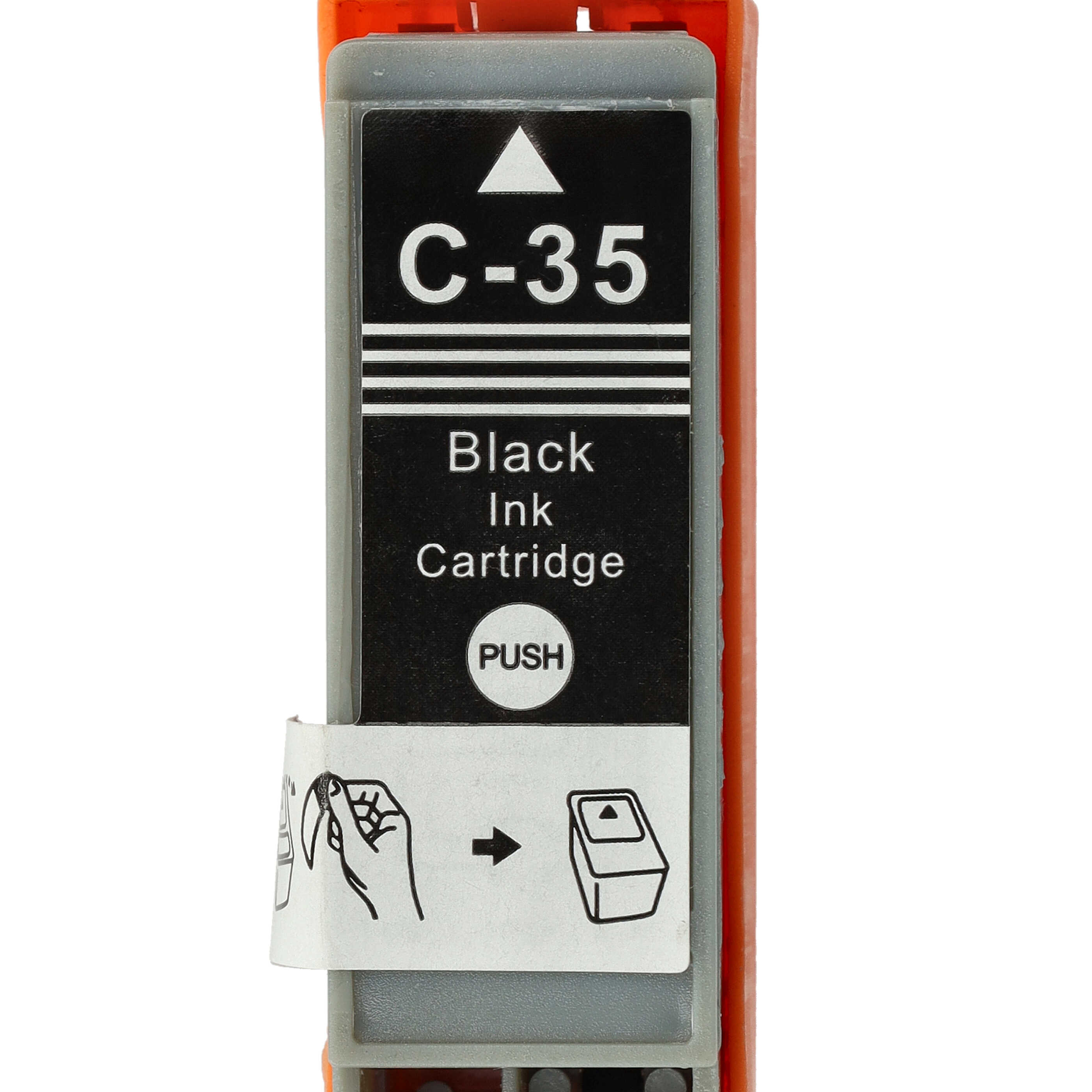 Eine schwarze Tintenpatrone mit der Aufschrift C-35, einem weißen Dreieck und den Worten 'Black Ink Cartridge'. Sie hat einen orangefarbenen Deckel.