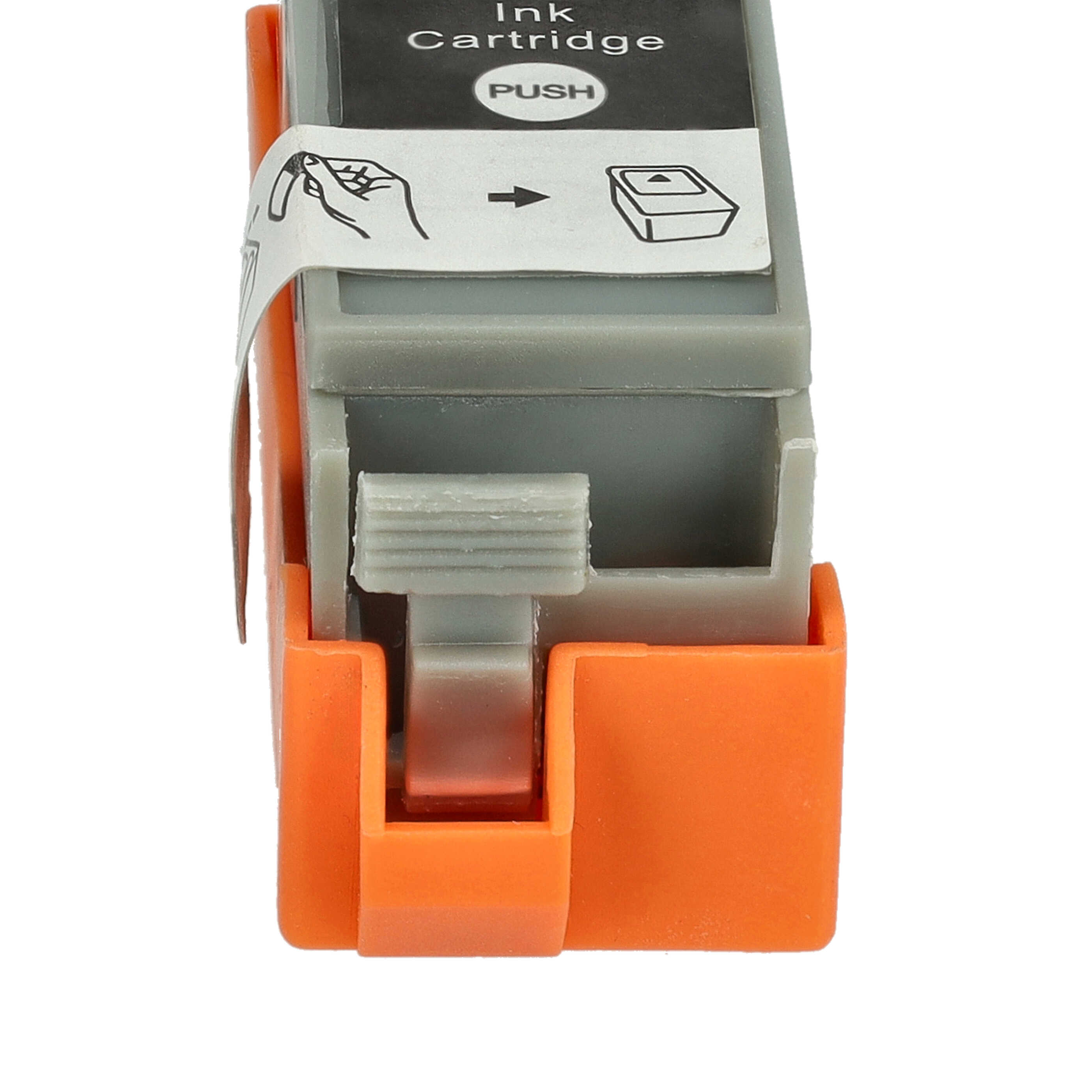 Nahaufnahme einer Tintenpatrone. Sie ist grau und orange, mit den Aufschriften 'Ink Cartridge' und 'PUSH'.