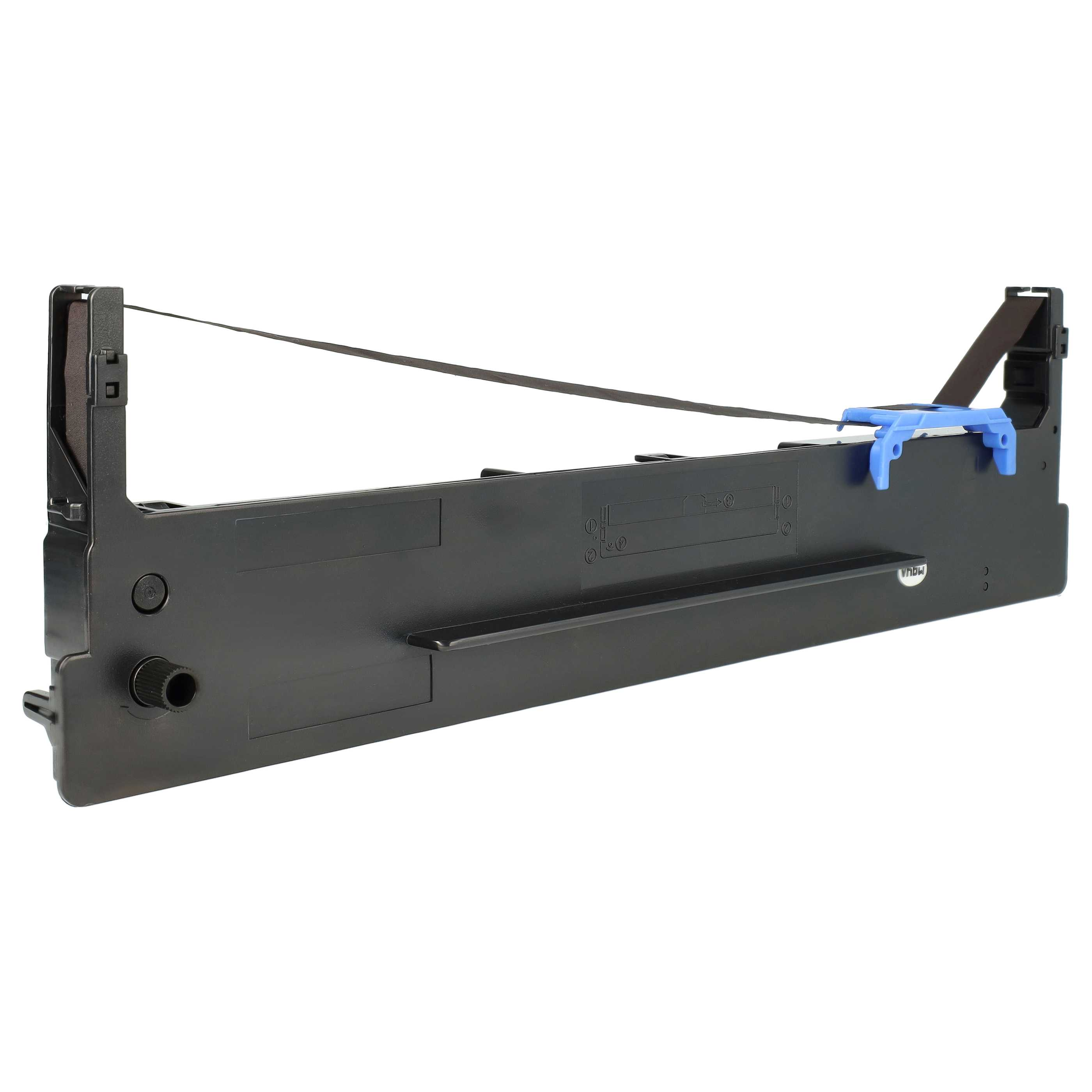 Eine schwarze Druckerbandpatrone mit dunklem Band und blauen Kunststoffteilen.
