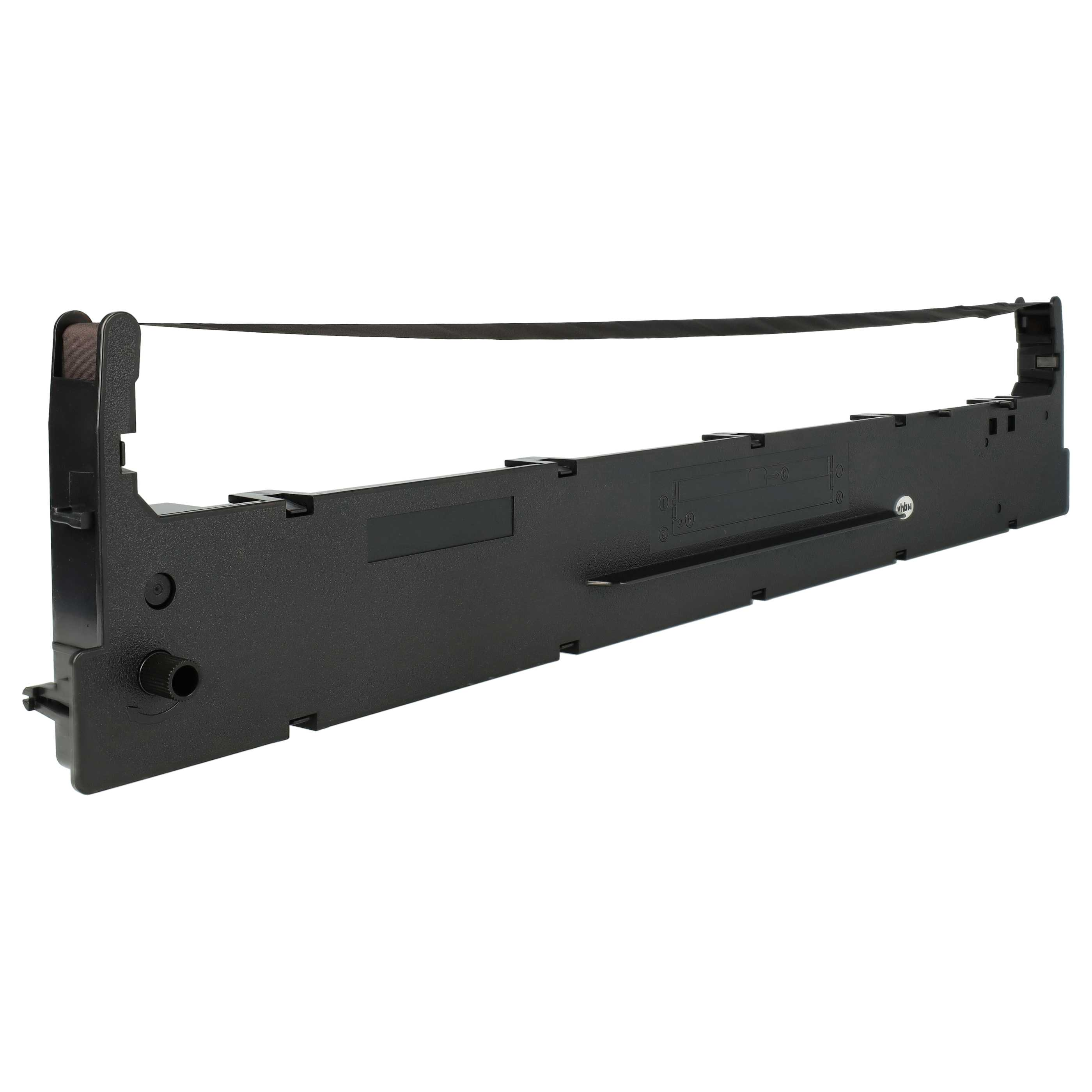 Eine schwarze Druckerbänderpatrone. Das Band erstreckt sich horizontal. Die Patrone ist rechteckig.