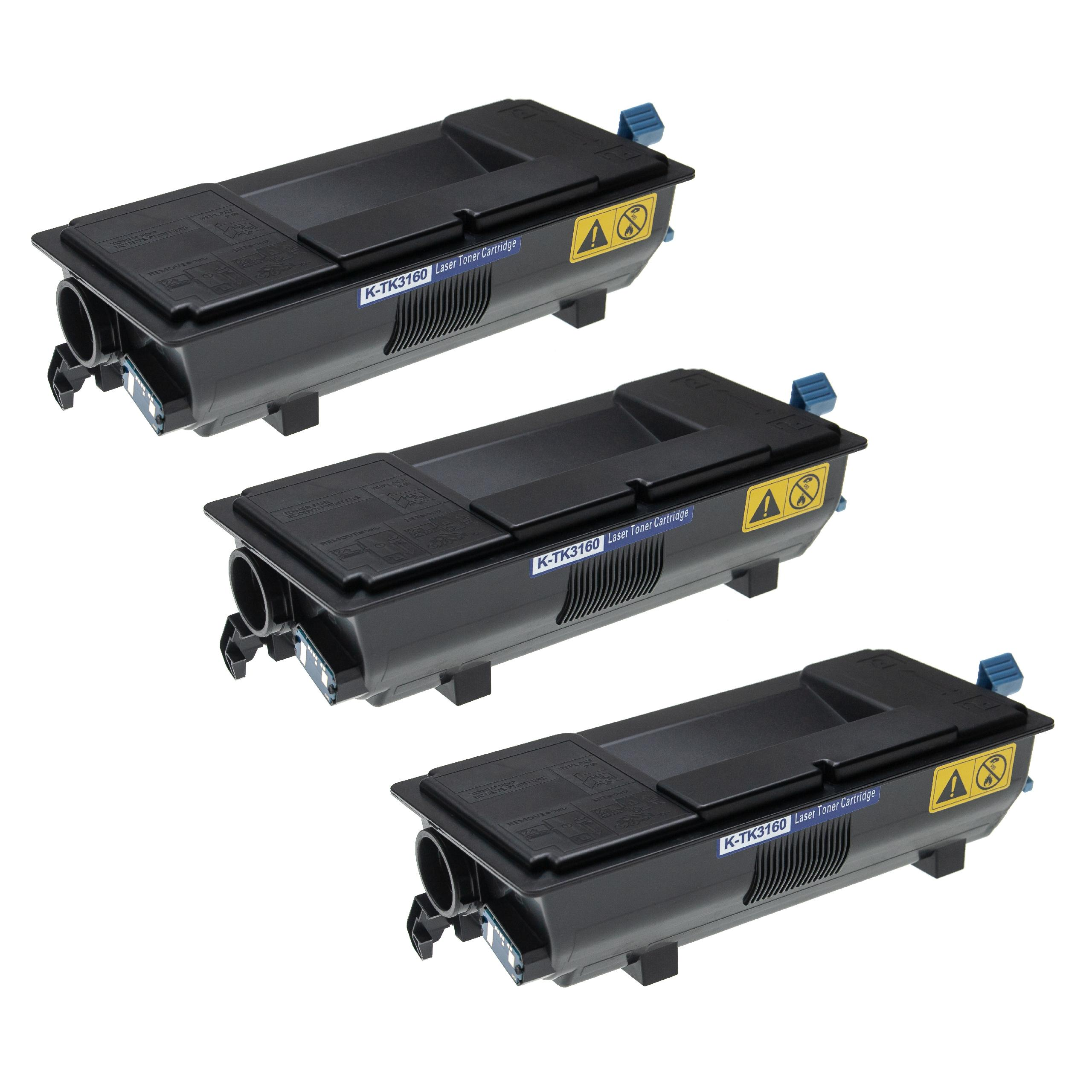 Drei schwarze Lasertoner-Kartuschen sind diagonal angeordnet. Jede hat einen blauen Griff und ein Warnschild. Weißer Hintergrund.