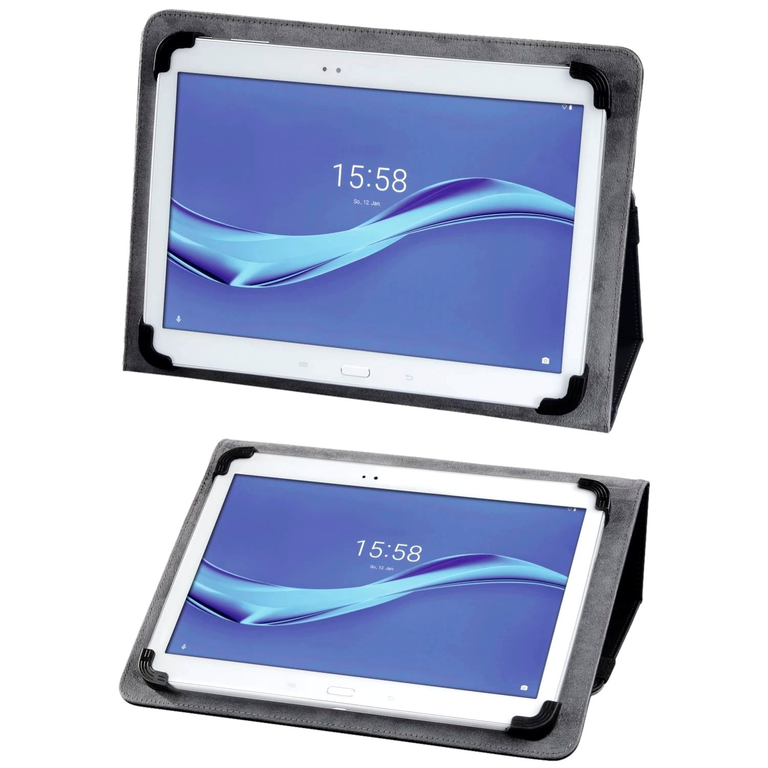Zwei Tablets in grauen Hüllen. Beide zeigen 15:58. Die Bildschirme haben ein blaues Wellendesign und sind vor weißem Hintergrund.