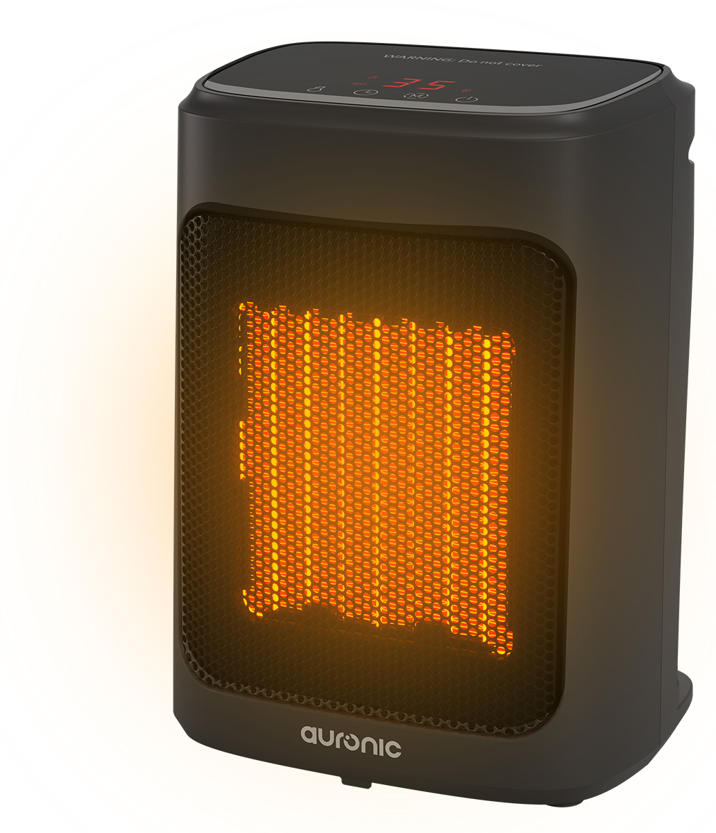 Een zwarte Auronic-kachel met een verlicht oranje verwarmingselement. Het heeft een digitaal display en een waarschuwingslabel.