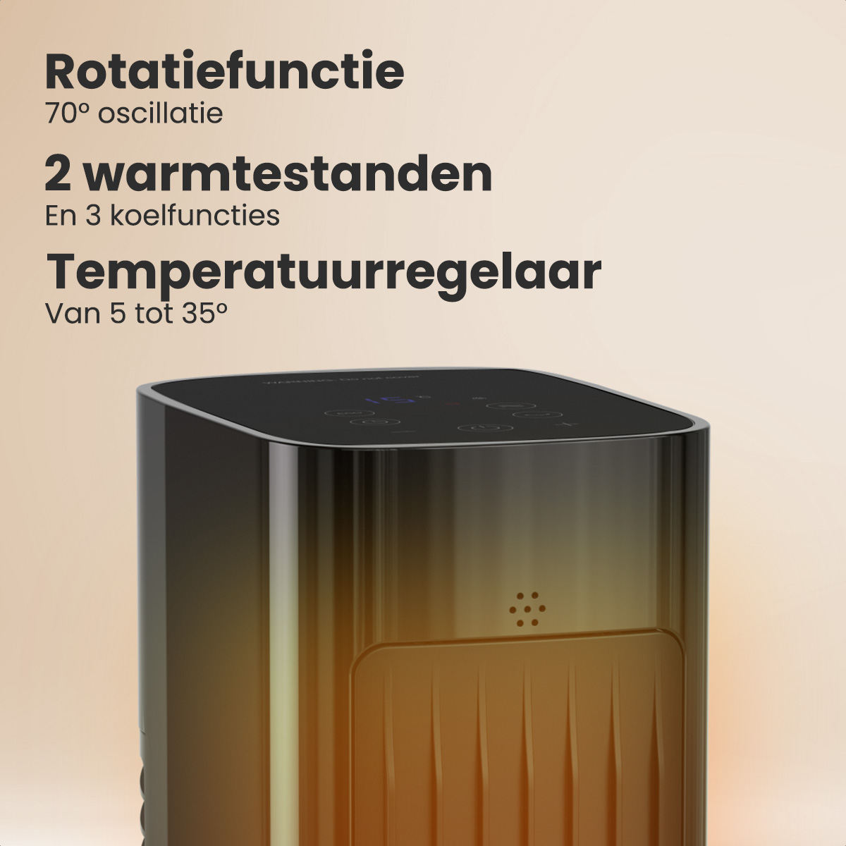 Een zwarte en zilveren kachel wordt getoond met tekstoverlay. De kachel heeft bedieningsknoppen en een display. De achtergrond is crèmekleurig.
