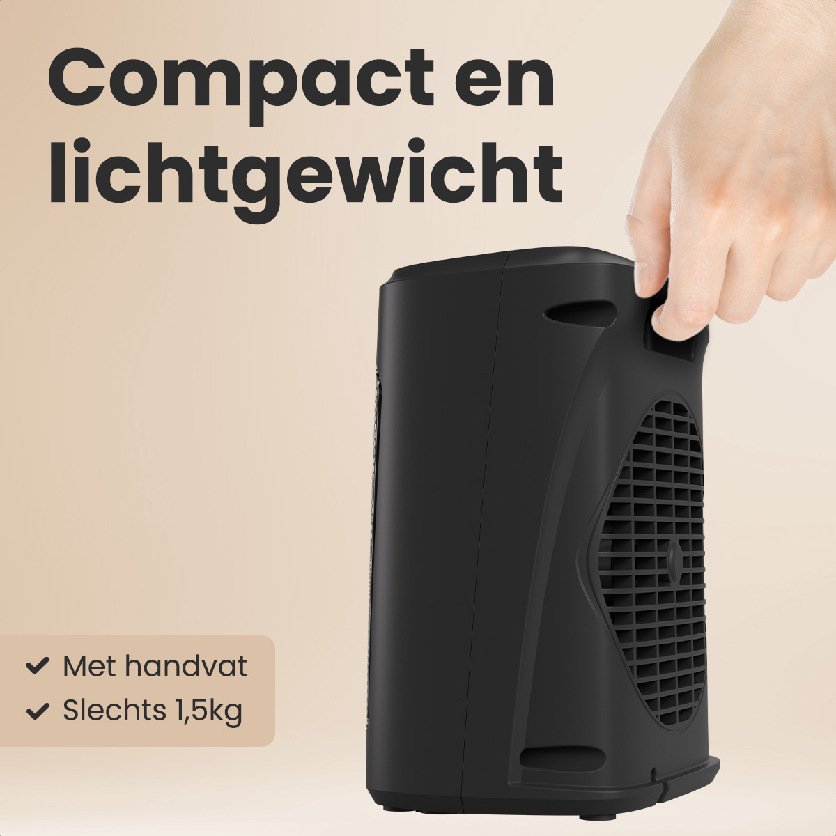 Een zwarte draagbare kachel wordt door een hand vastgehouden. De kachel is compact en lichtgewicht. Tekst geeft aan dat hij een handvat heeft en 1,5 kg weegt.