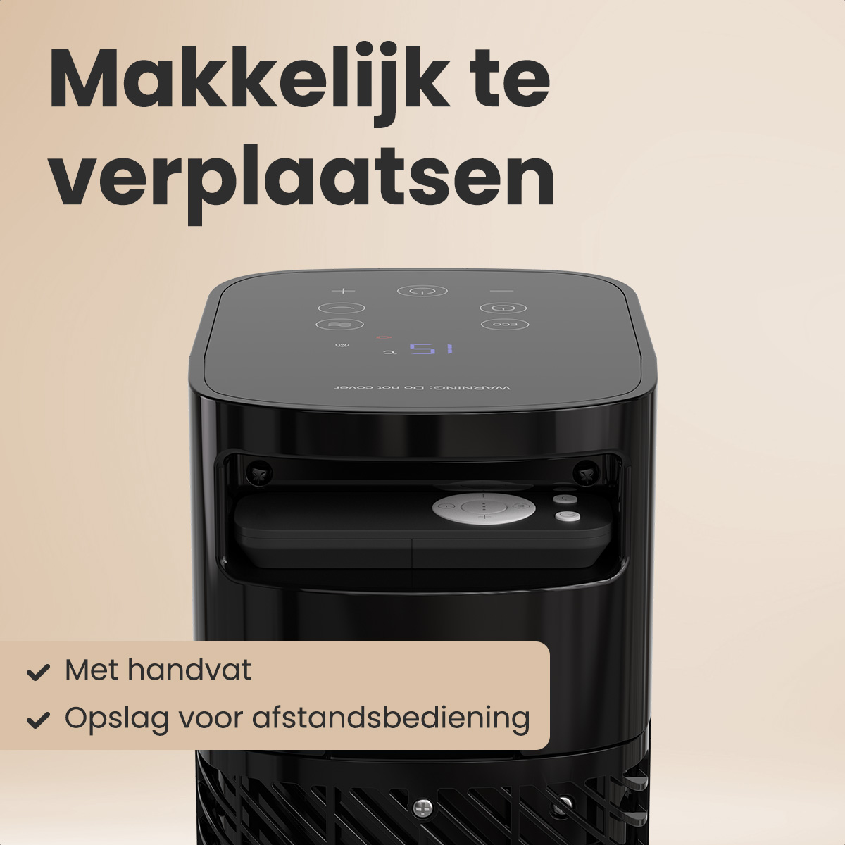 Een zwarte ventilator met bedieningspaneel en afstandsbediening. De tekst bovenaan zegt 'Makkelijk te verplaatsen'. Voorzien van handgreep en afstandsbediening.