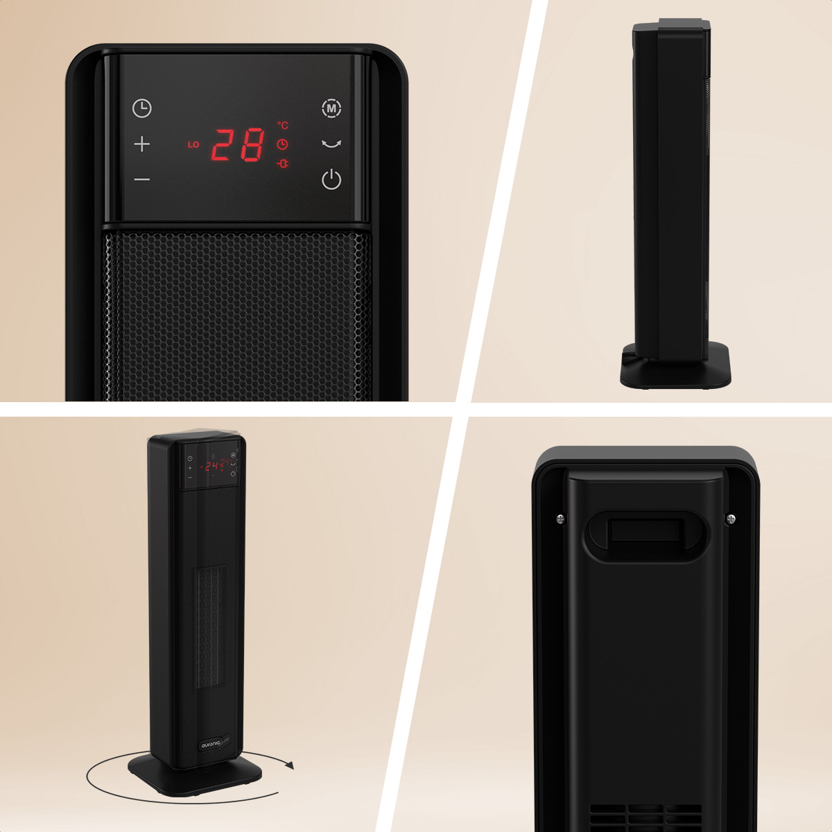 Een zwarte kachel met een digitale display die 28 graden weergeeft. Vier weergaven tonen verschillende hoeken van de kachel op een beige achtergrond.