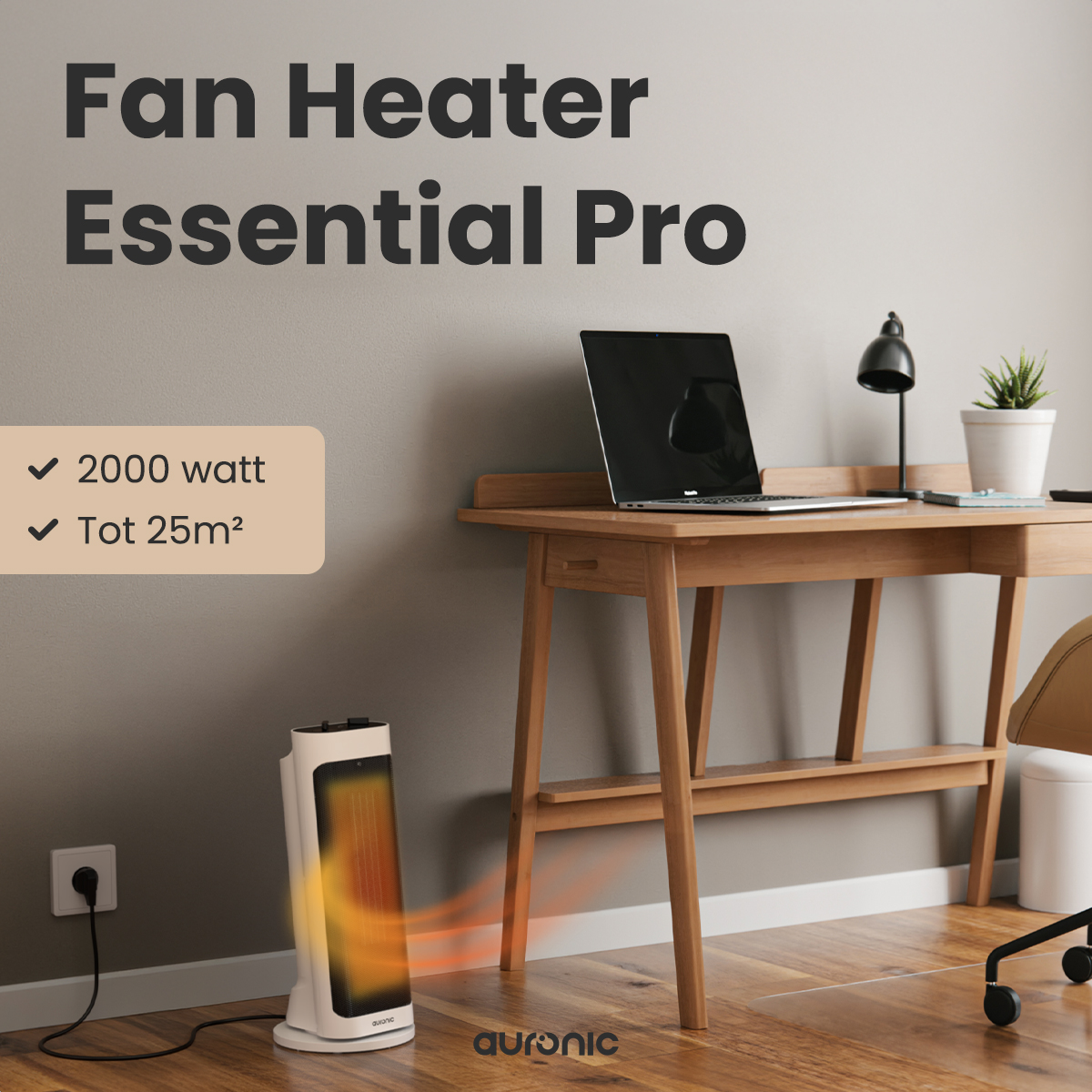 A white fan heater with orange glow, next to a desk with a laptop and a plant. Text reads 'Fan Heater Essential Pro'.